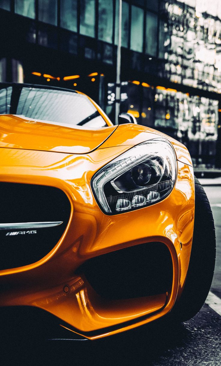 Yellow car, Mercedes, headlight