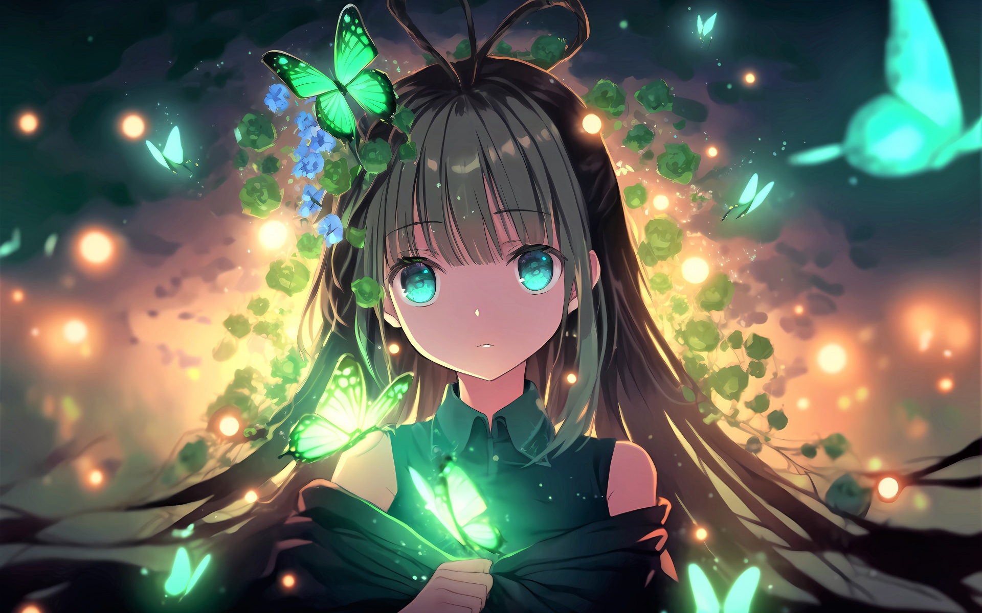 Anime girl Wallpaper 4K, Green eyes, Girly background