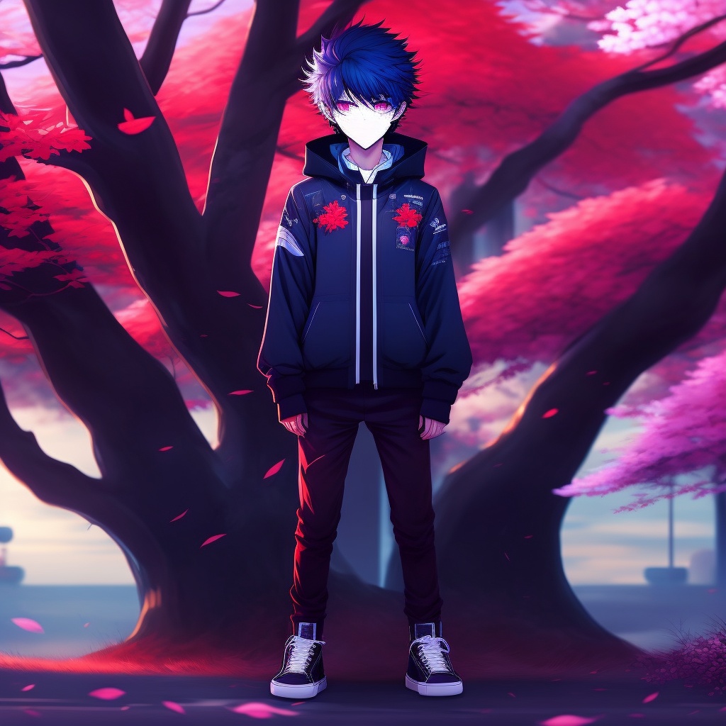 A anime boy stand in red sakura tree