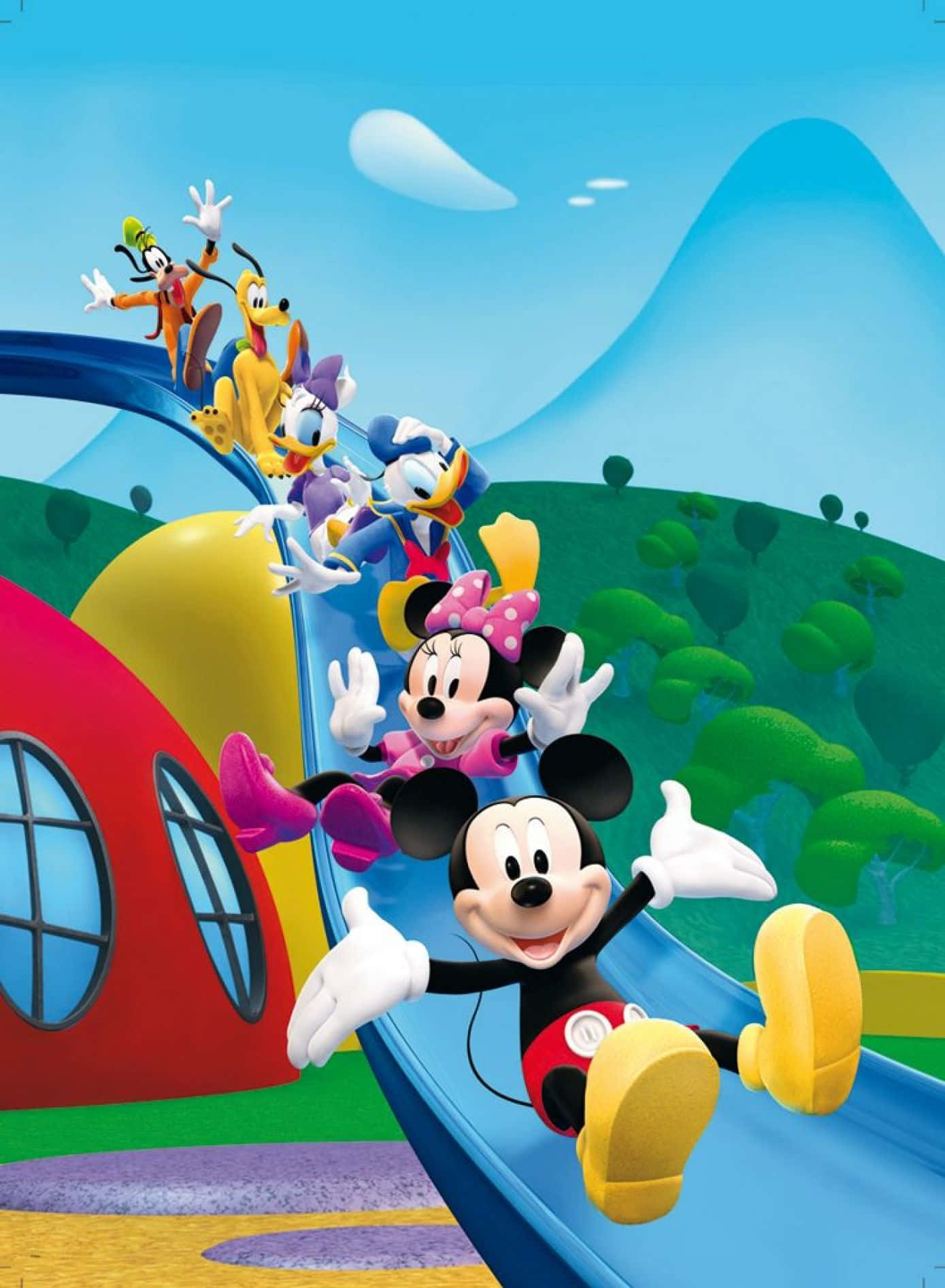 Download Mickey Mouse And Friends On A Slide Wallpaper