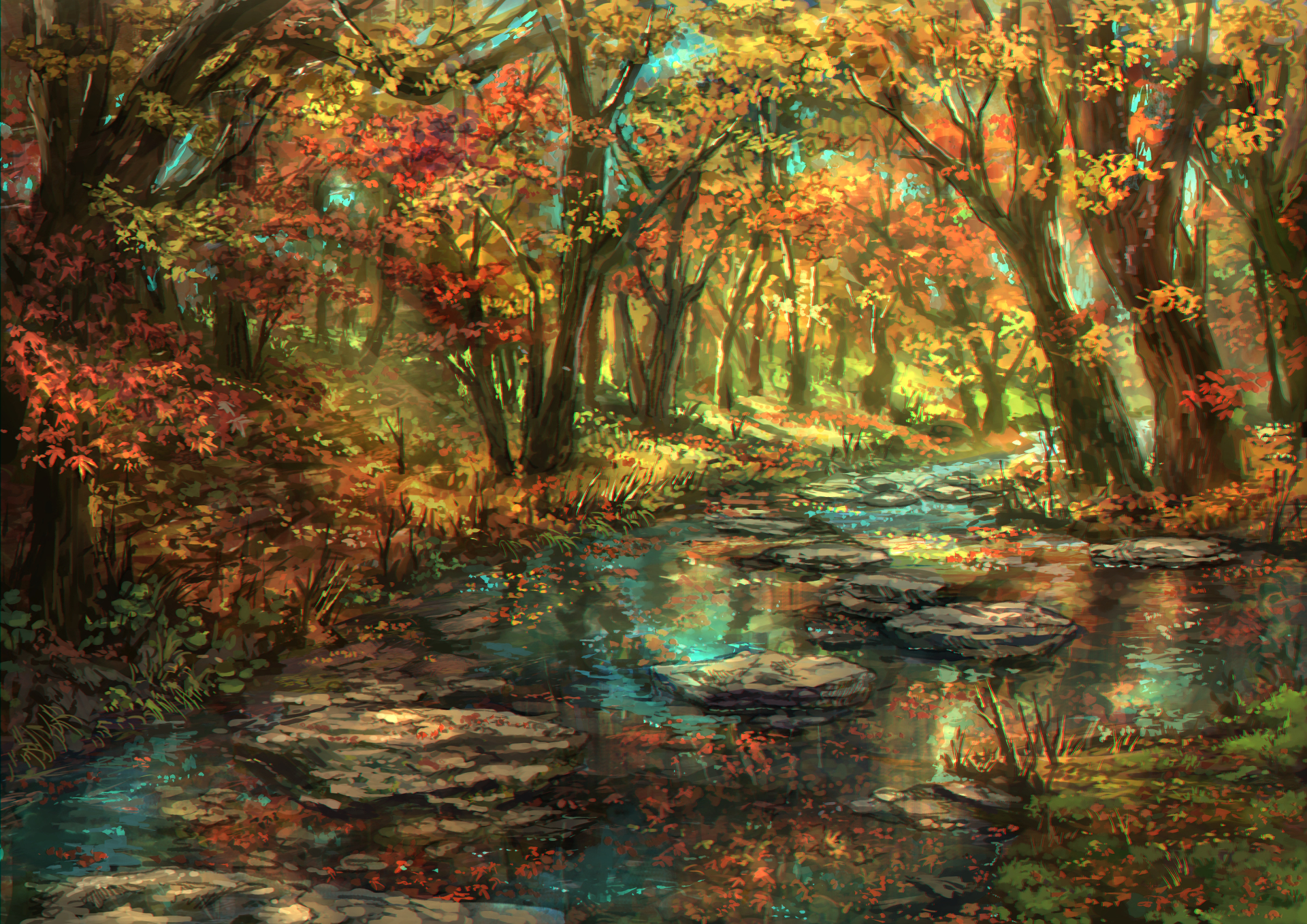 Autumn Forest River: Nature Anime HD Wallpaper