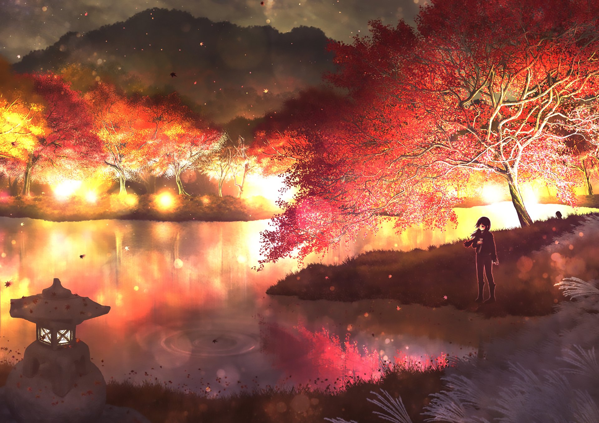 Autumn Nightfall Tree Reflection Anime Wallpaper