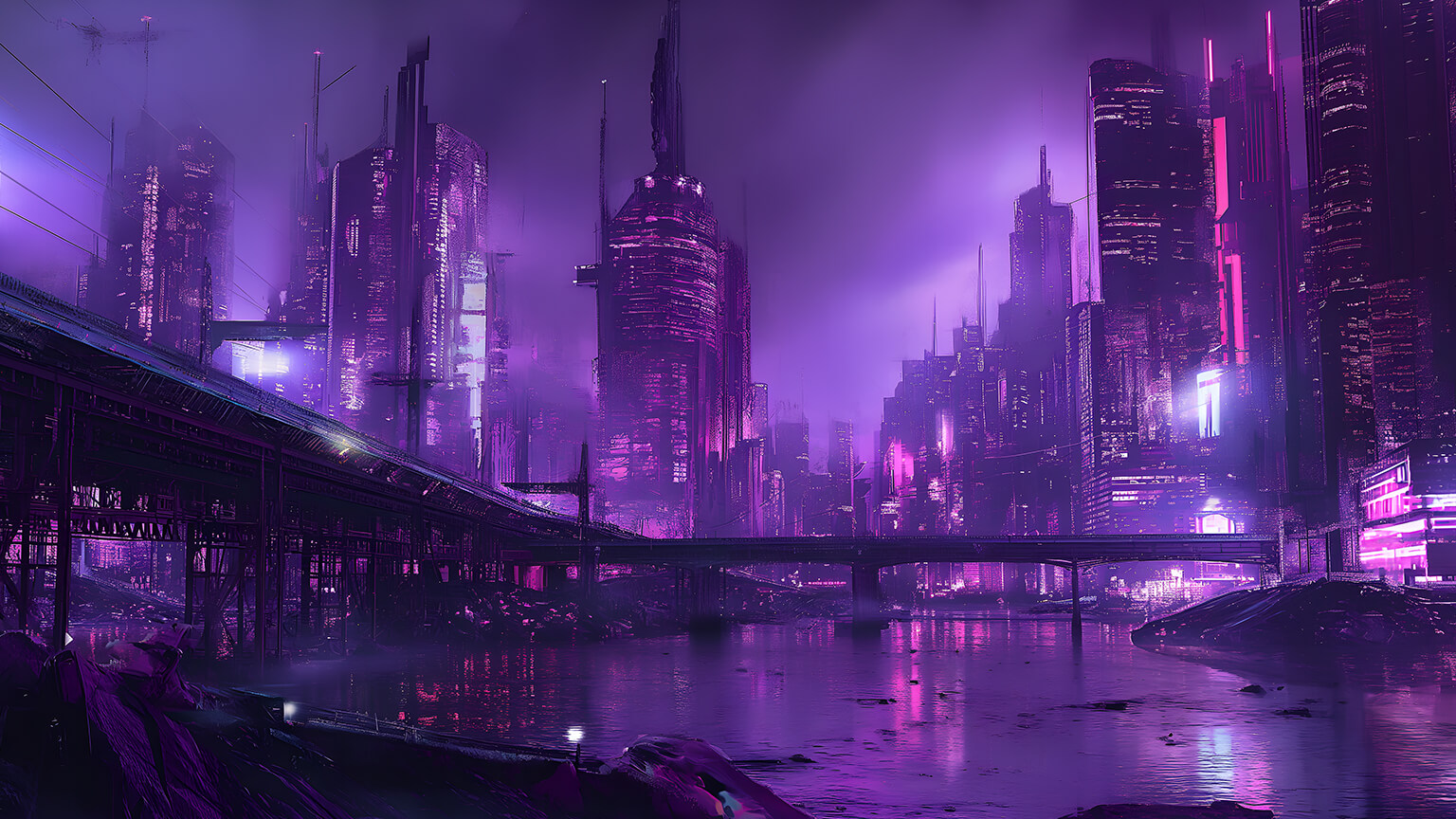 Neon Purple Cityscape Desktop Wallpaper Wallpaper 4K