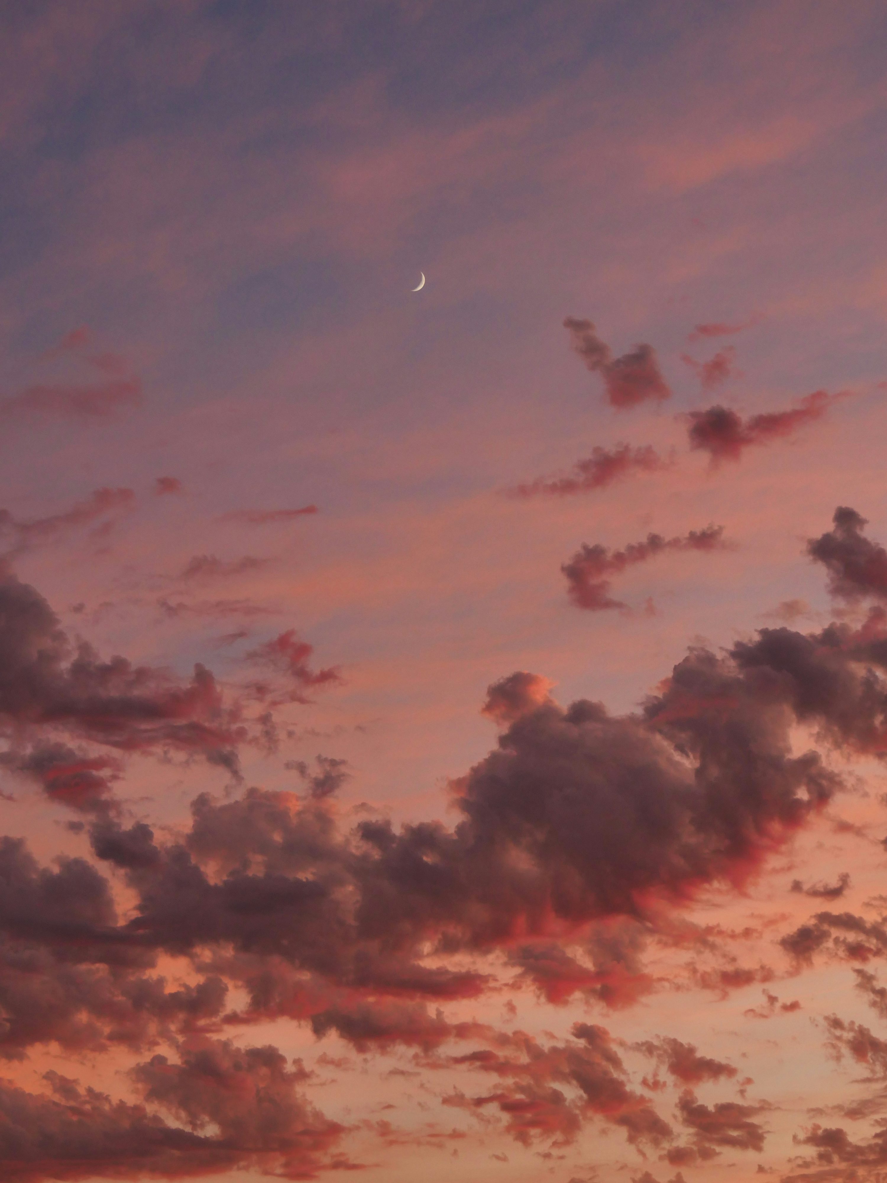 A pink sky with clouds and a half moon