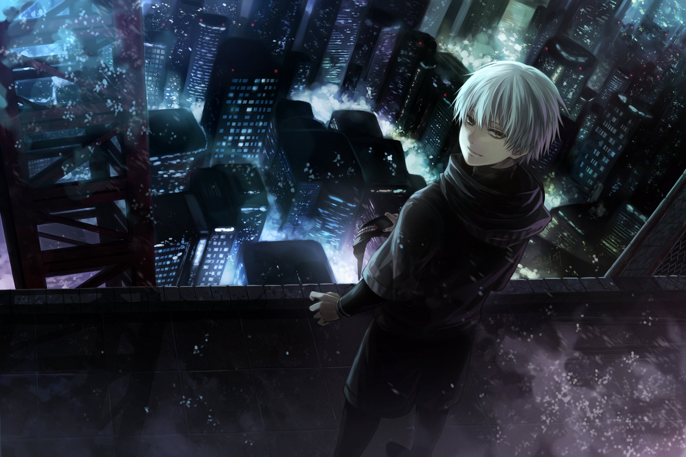 Desktop wallpaper: Anime, Tokyo Ghoul, City, Ken Kaneki, White Hair, Grey Eyes, Mask, Night, RoofK free download for PC. 648989