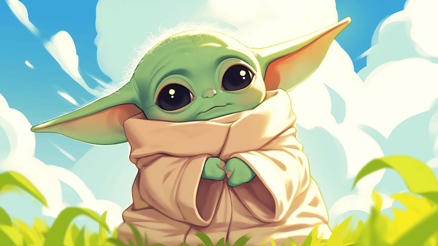 Baby Yoda Sunny Field Desktop Wallpaper