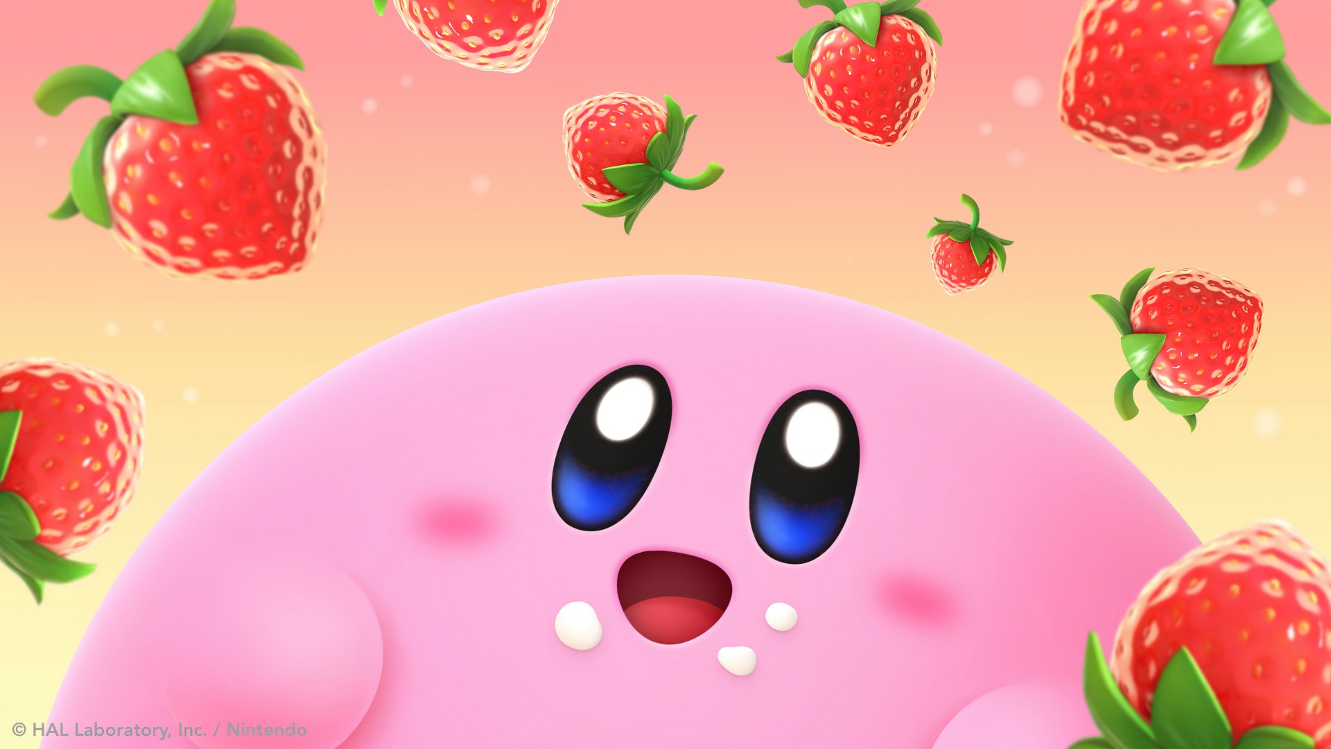 Kirby Wallpaper 4K, Strawberries, Cute cartoon