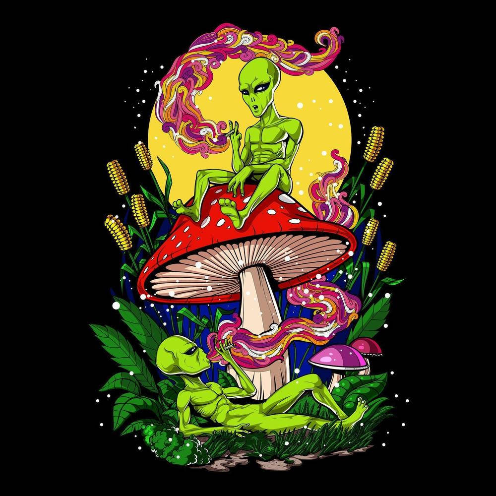 Download Green Alien On Psychedelic Mushroom Wallpaper