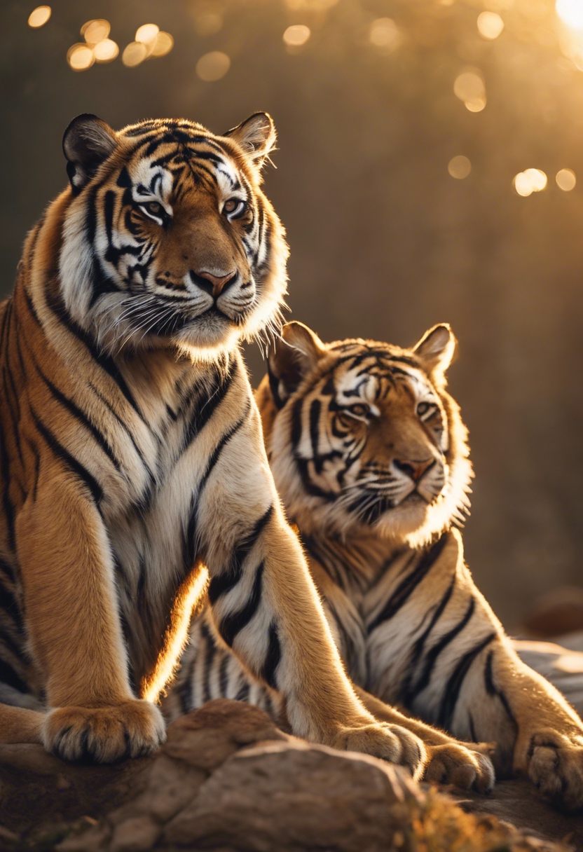 tigers, basking in the setting sun