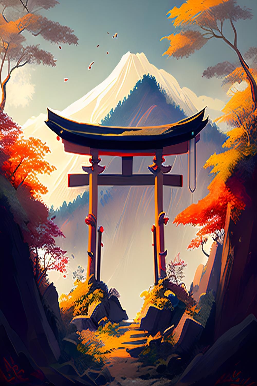 Japanese Torii in Autumn Mountain