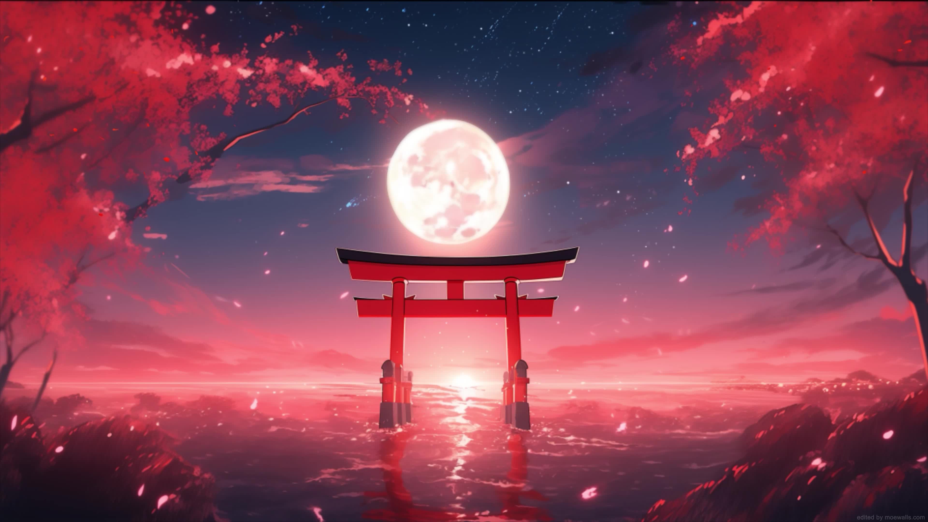 Torii Gate Sakura Blood Moonlight 4K