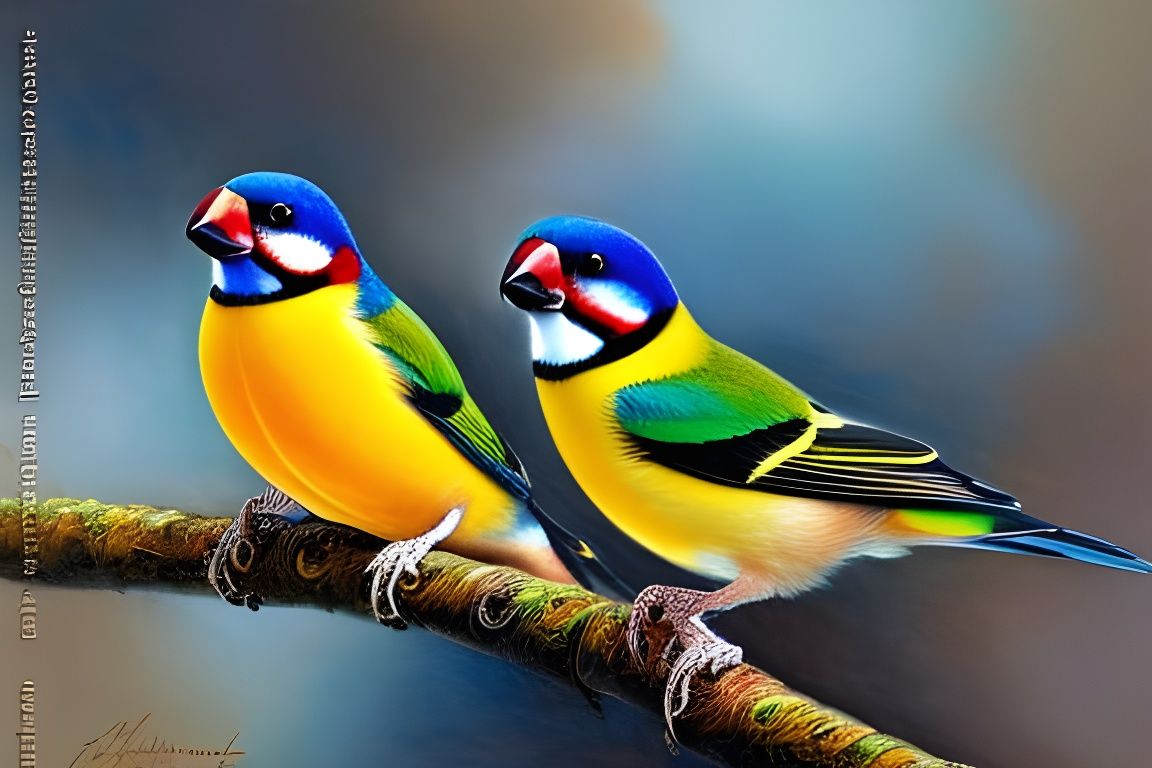 Gouldian finch, pair. Acrylic on canvas