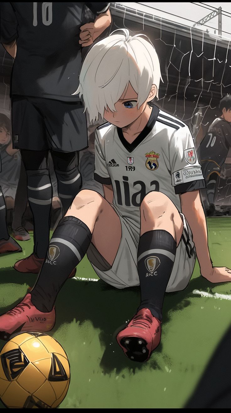 Cute anime boy playing soccer. drawing