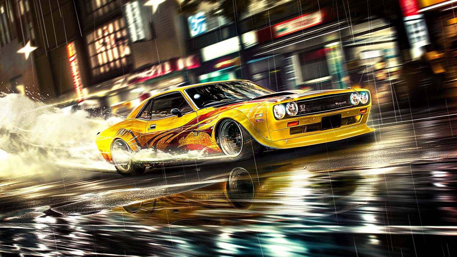 Retro Racing Car Night City Desktop Wallpaper 4K Wallpaper