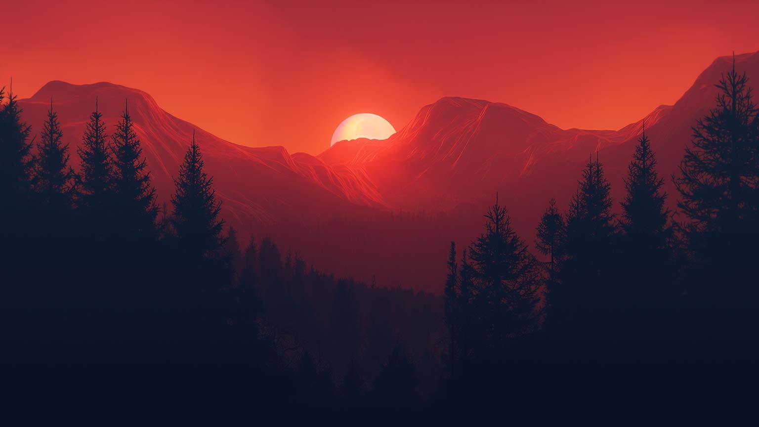 Sunset Mountains Red Glow Desktop