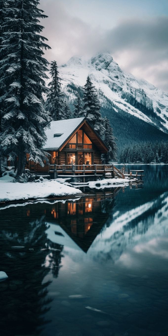 Cozy Winter Lake Cabin Wallpaper