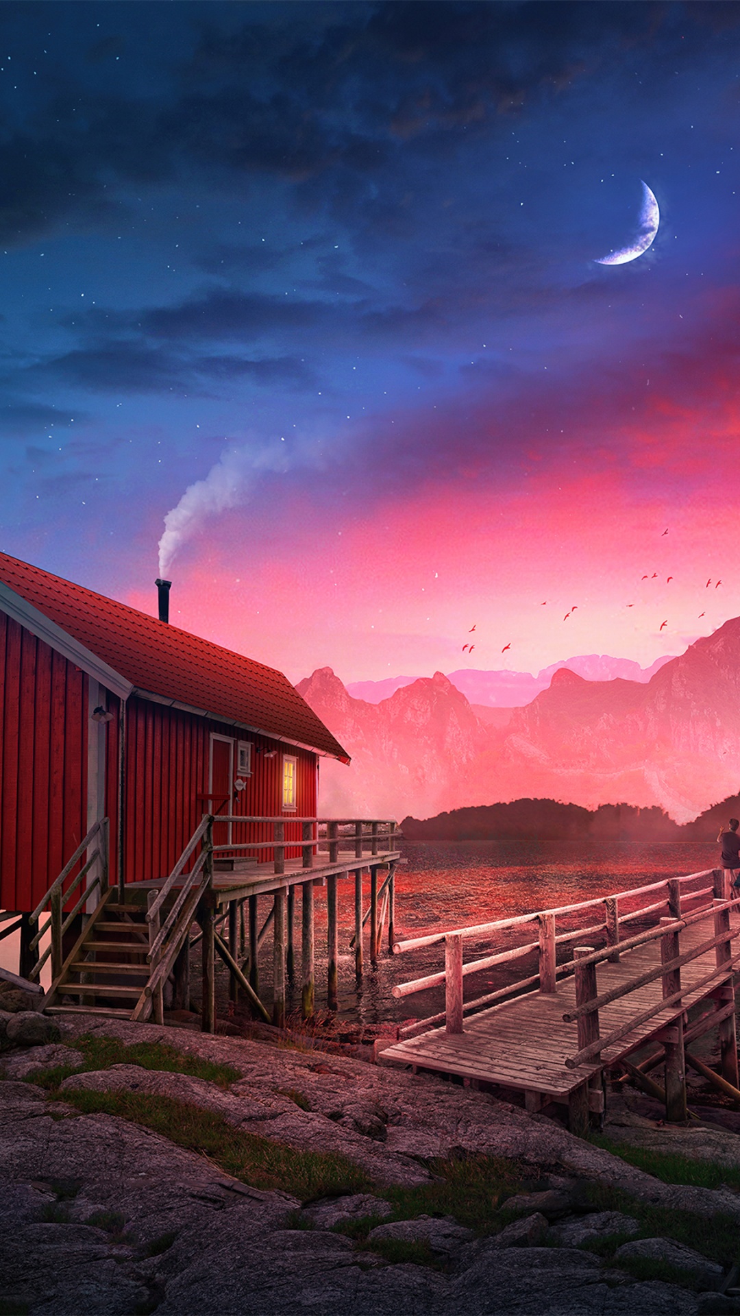 Cozy Wallpaper 4K, Cabin, Sunset