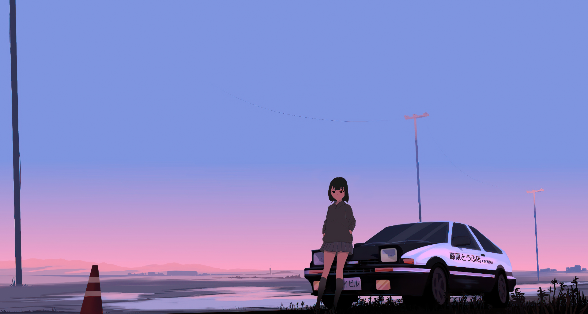 car, digital art, utility pole, anime