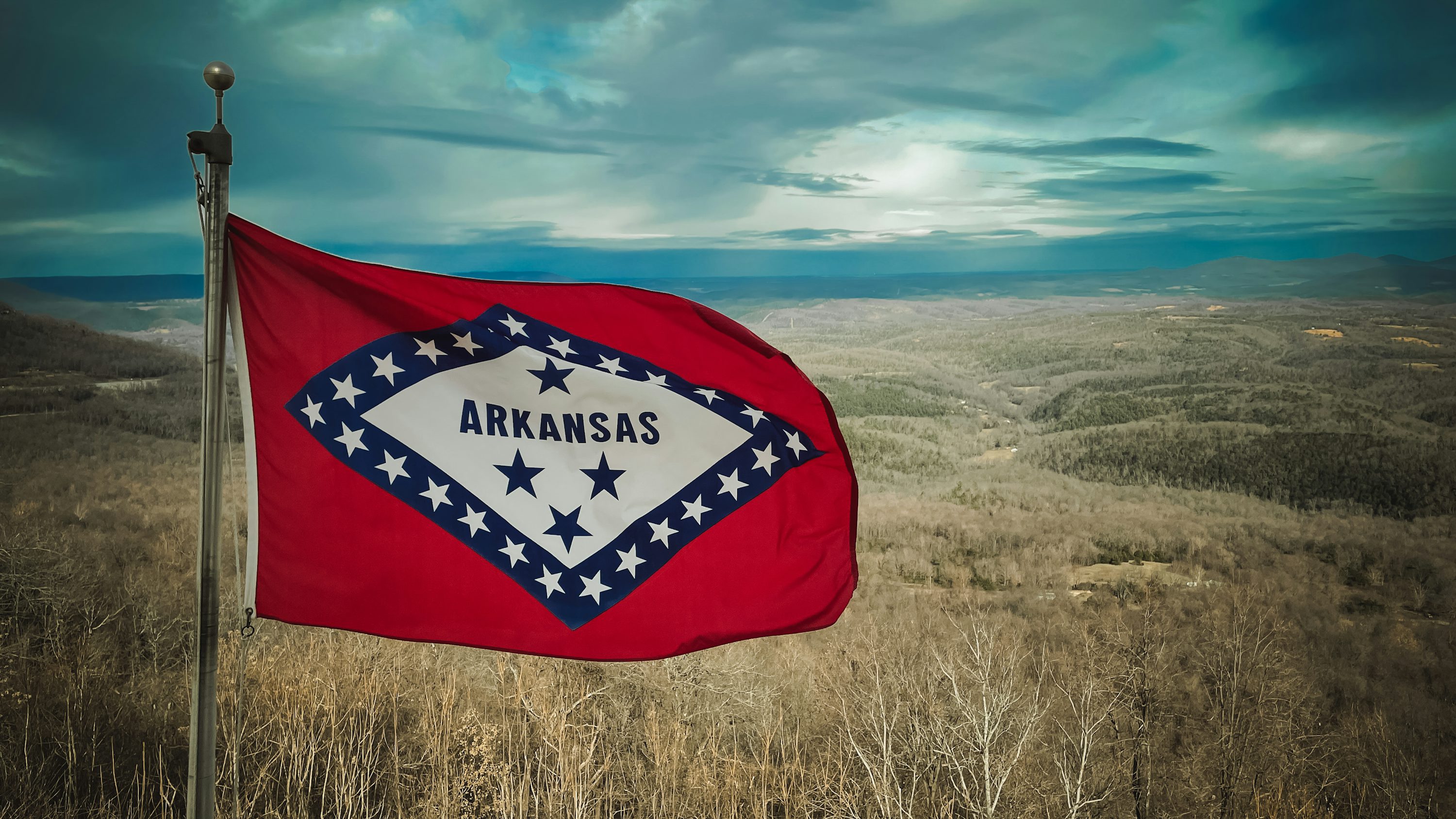 A flag in a field with a sky in
