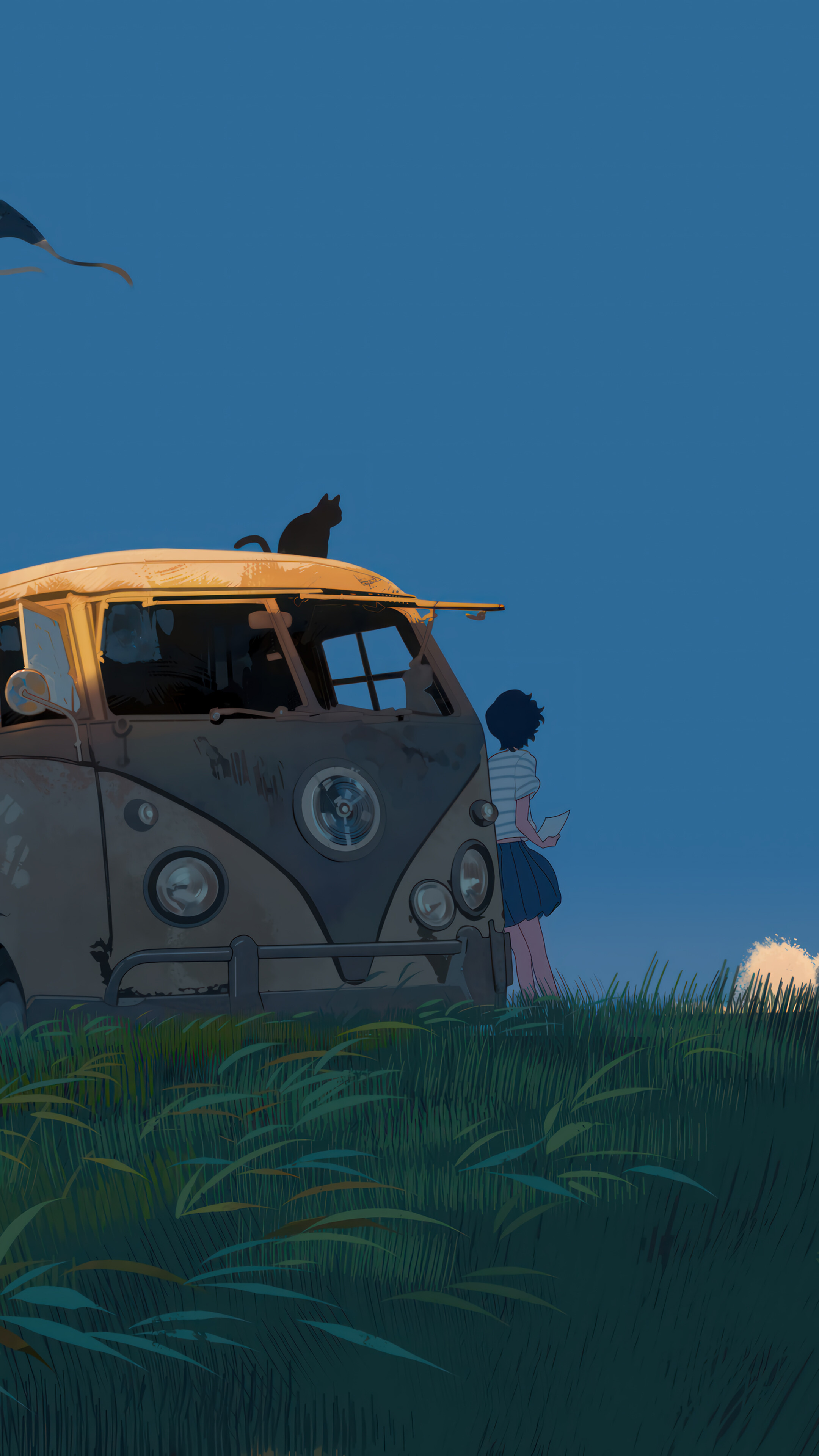 Volkswagen Van Anime Girl Sky 4K