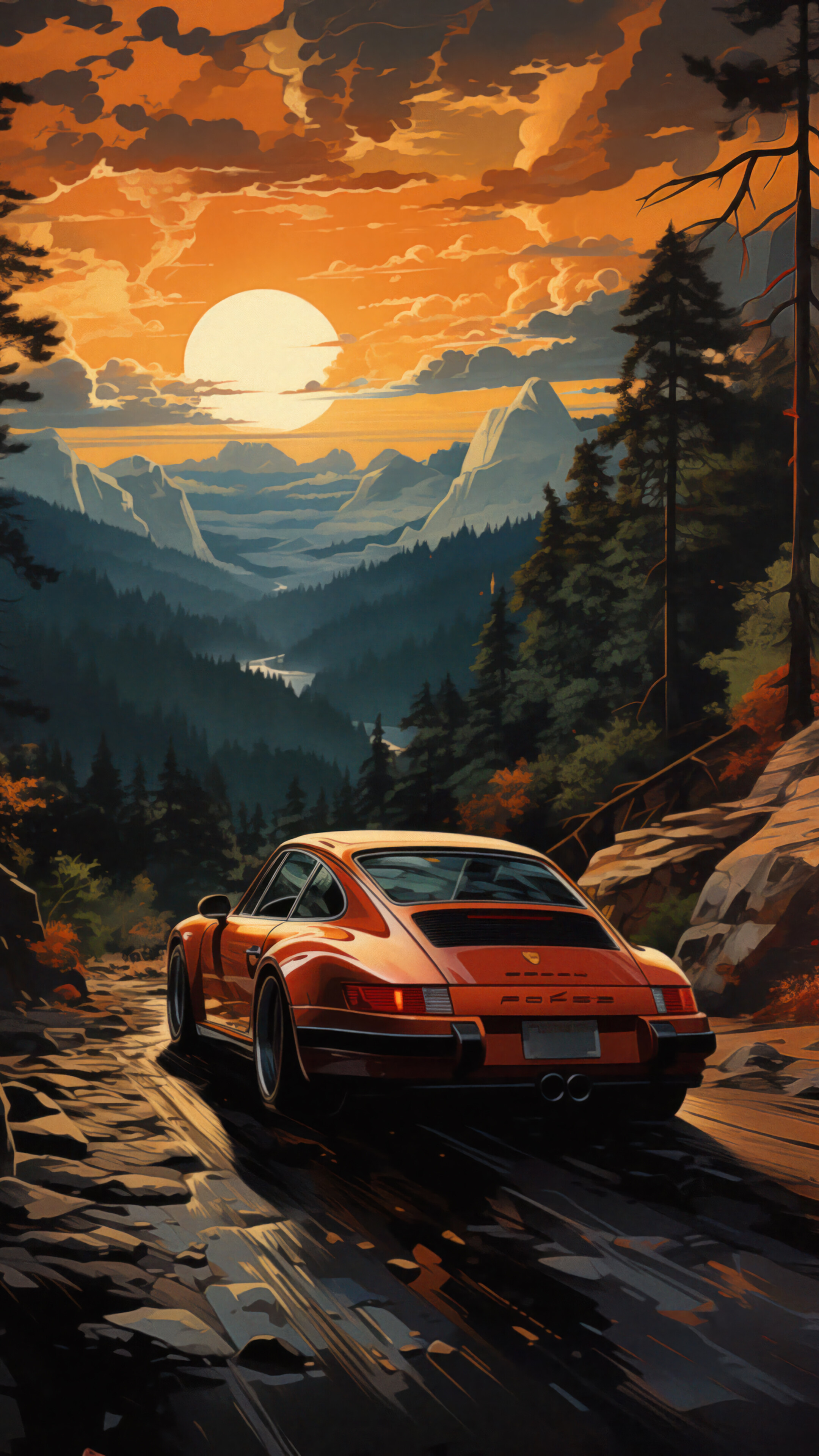 Sunset Road Car Forest Scenery 4K