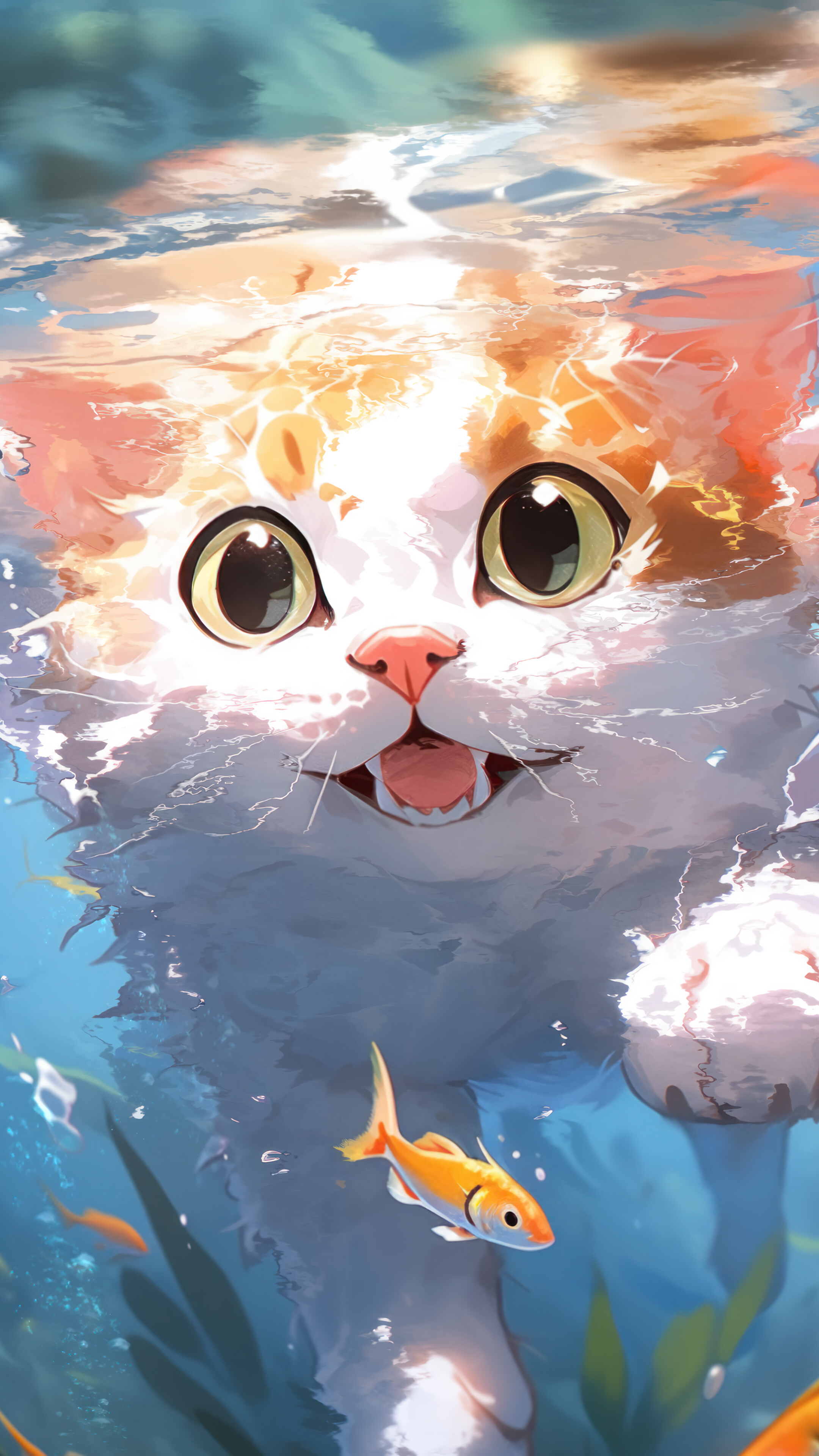 Anime Cat Swimming 4K Wallpaper iPhone HD Phone i