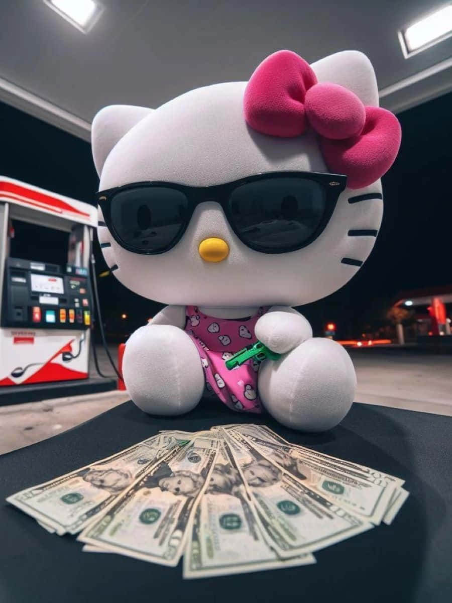Download Hello Kitty Baddie With Cashat Gas Station Wallpaper