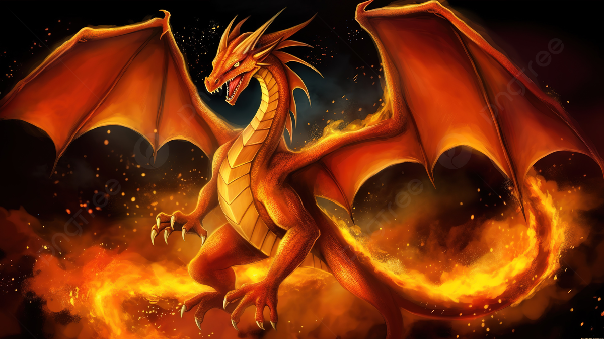 An Orange Colored Dragon Riding On Fire