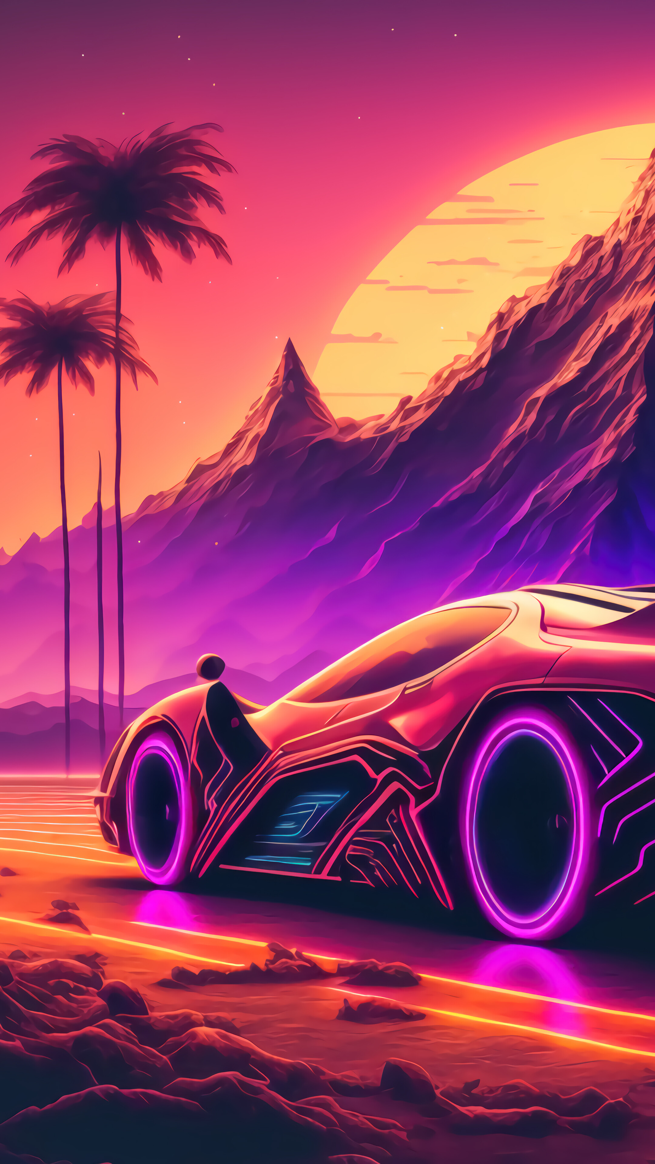 Sports Car Futuristic Mountain Sunset