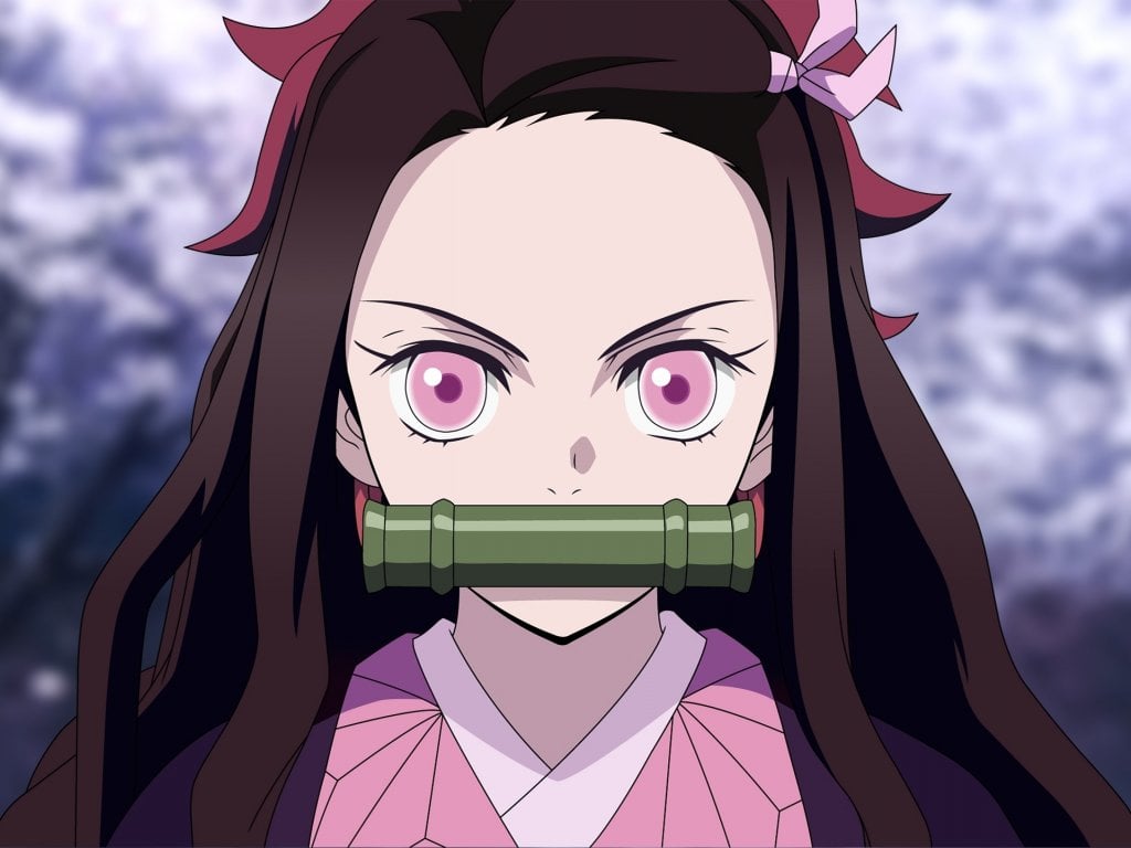 Angry Kamado Nezuko, pink eyes, anime