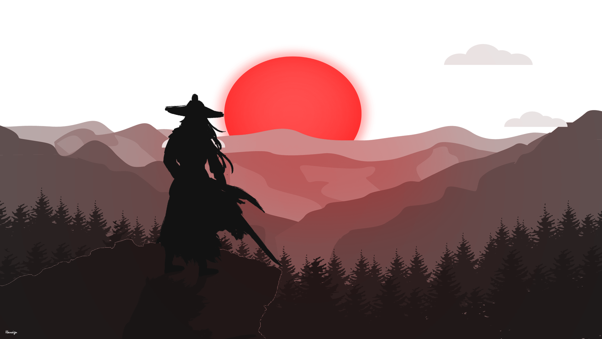 samurai, red moon, trees, Japanese art