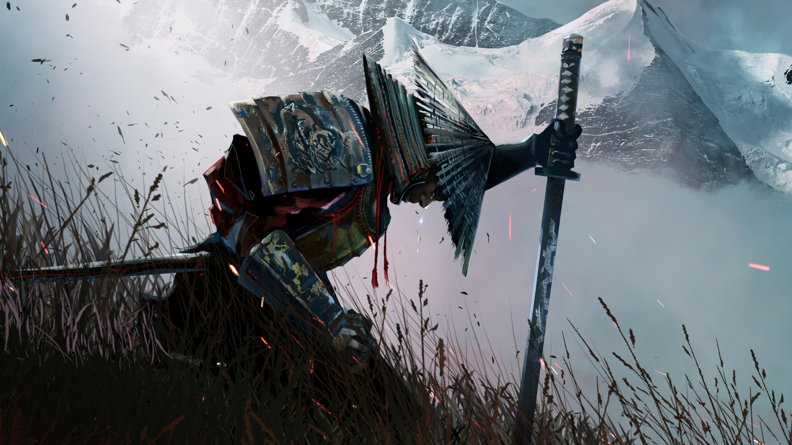 Samurai Kneeling Katana Warrior 4K