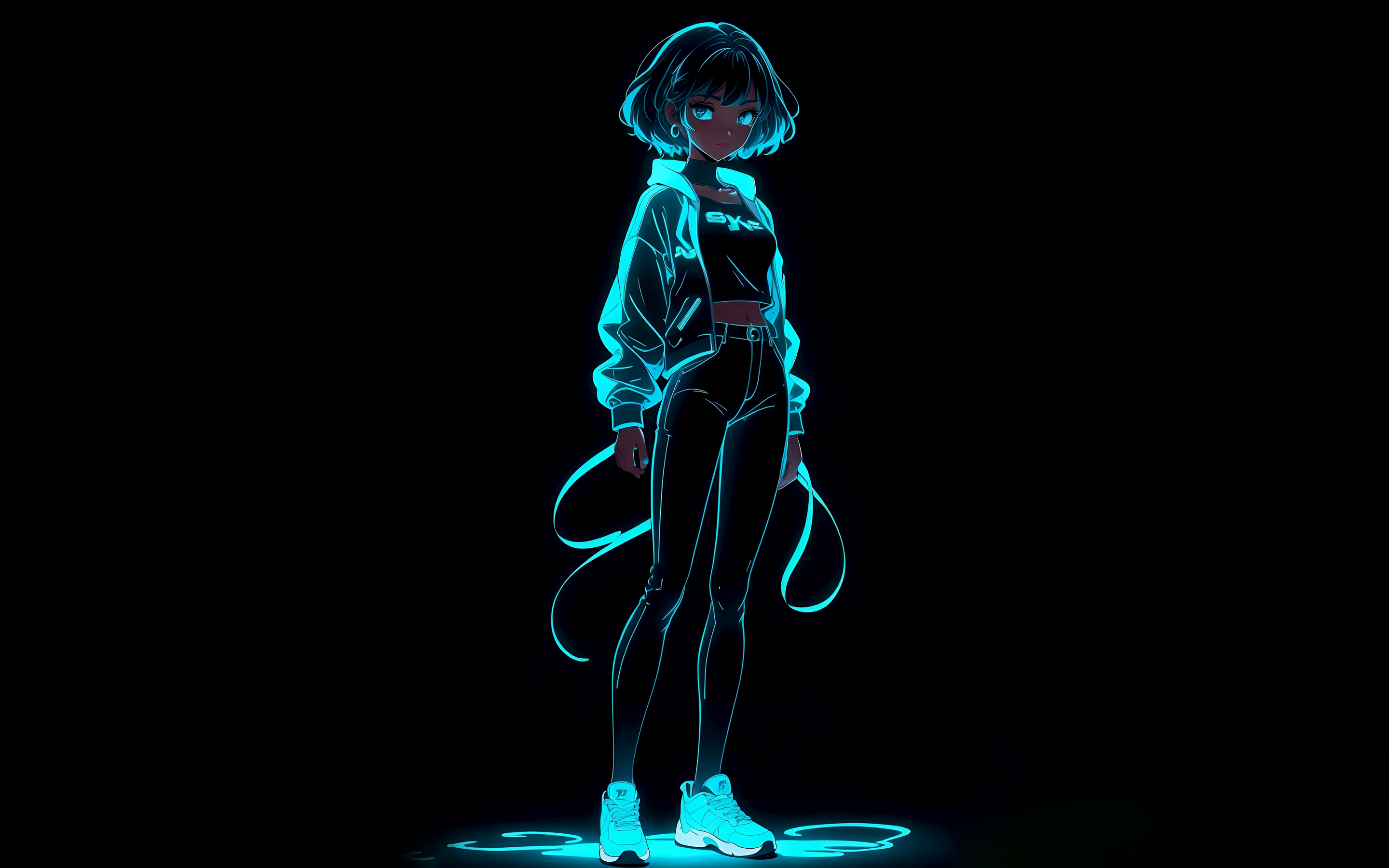 Neon Wallpaper 4K, Anime girl, Black background
