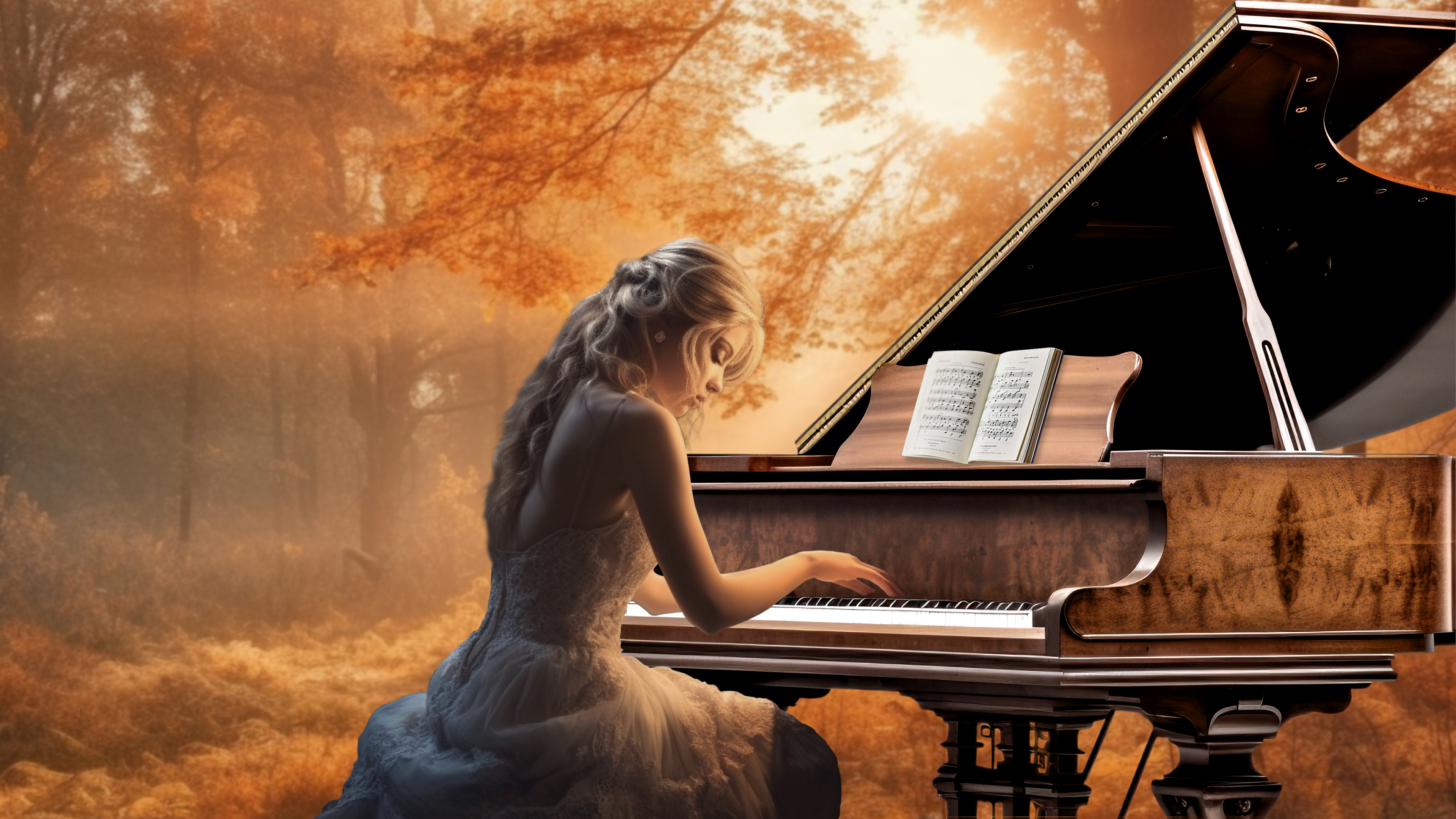 The Lady And The Piano 3 4K Wallpaper
