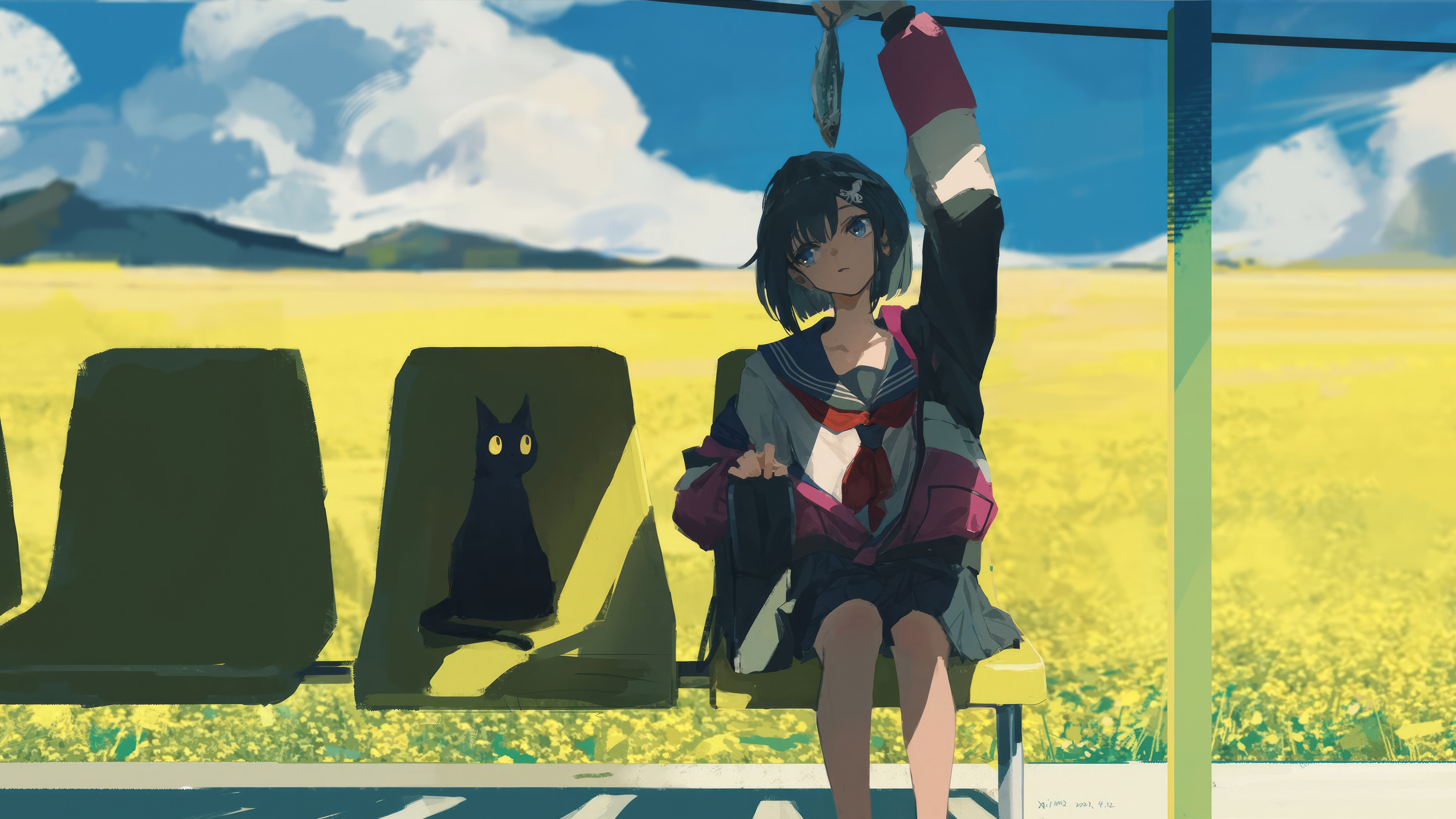 Anime Girl Black Cat Wallpaper 4K HD PC