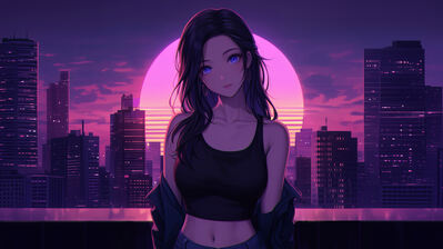 Anime Girl Synthwave City Wallpaper 4K