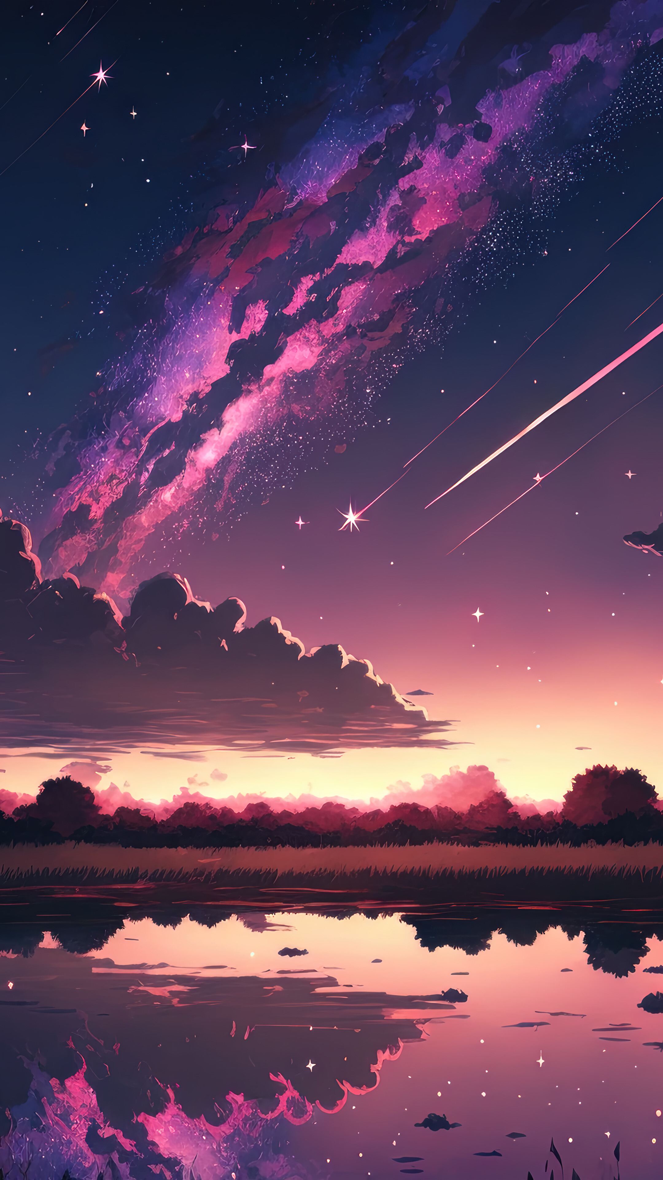 Sunset Anime Comet Stars Scenery 4K