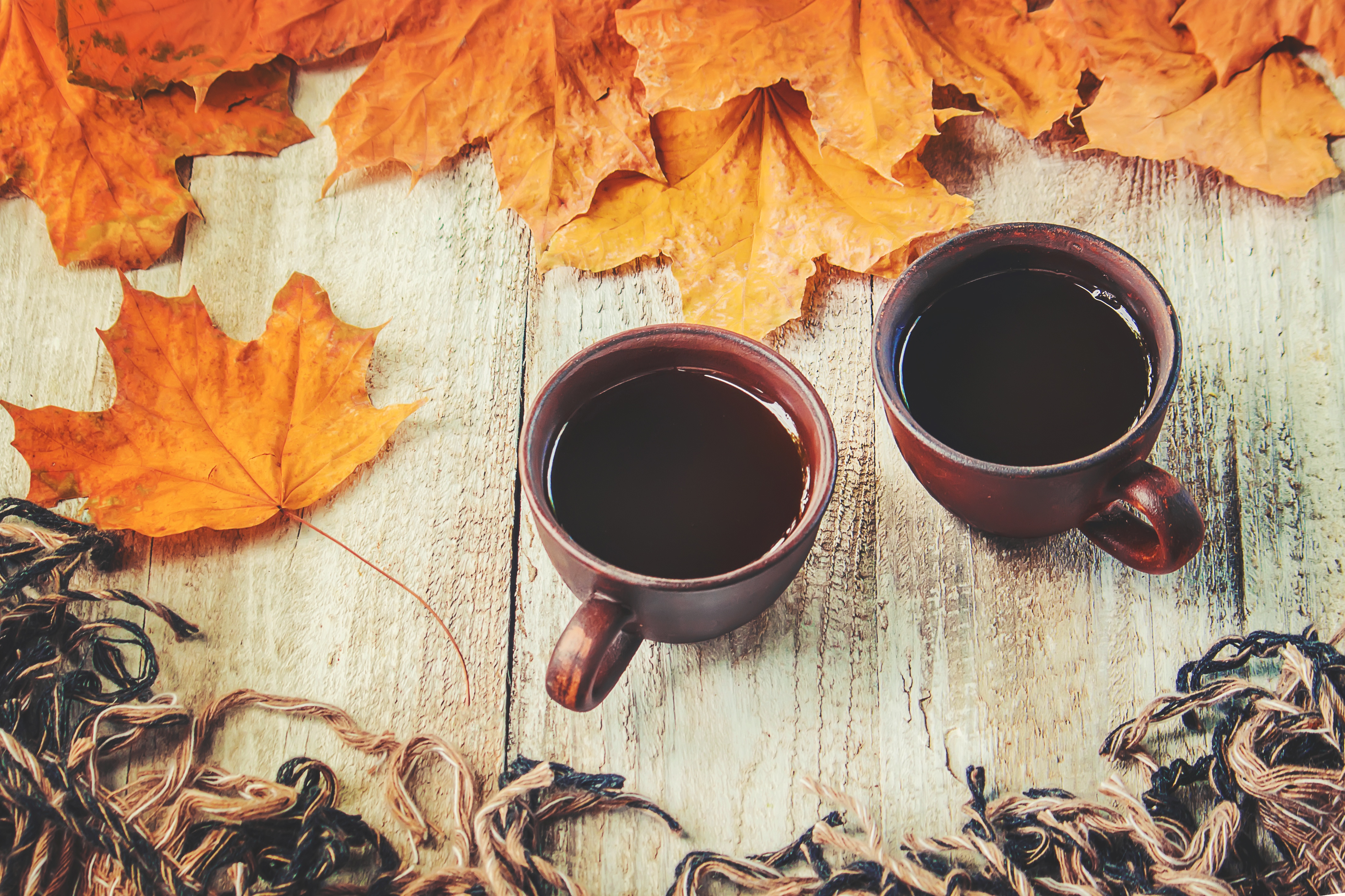 Wallpaper autumn, leaves, plaid, wood, autumn, leaves, coffee cup, a Cup of coffee for mobile and desktop, section настроения, resolution 4379x2919