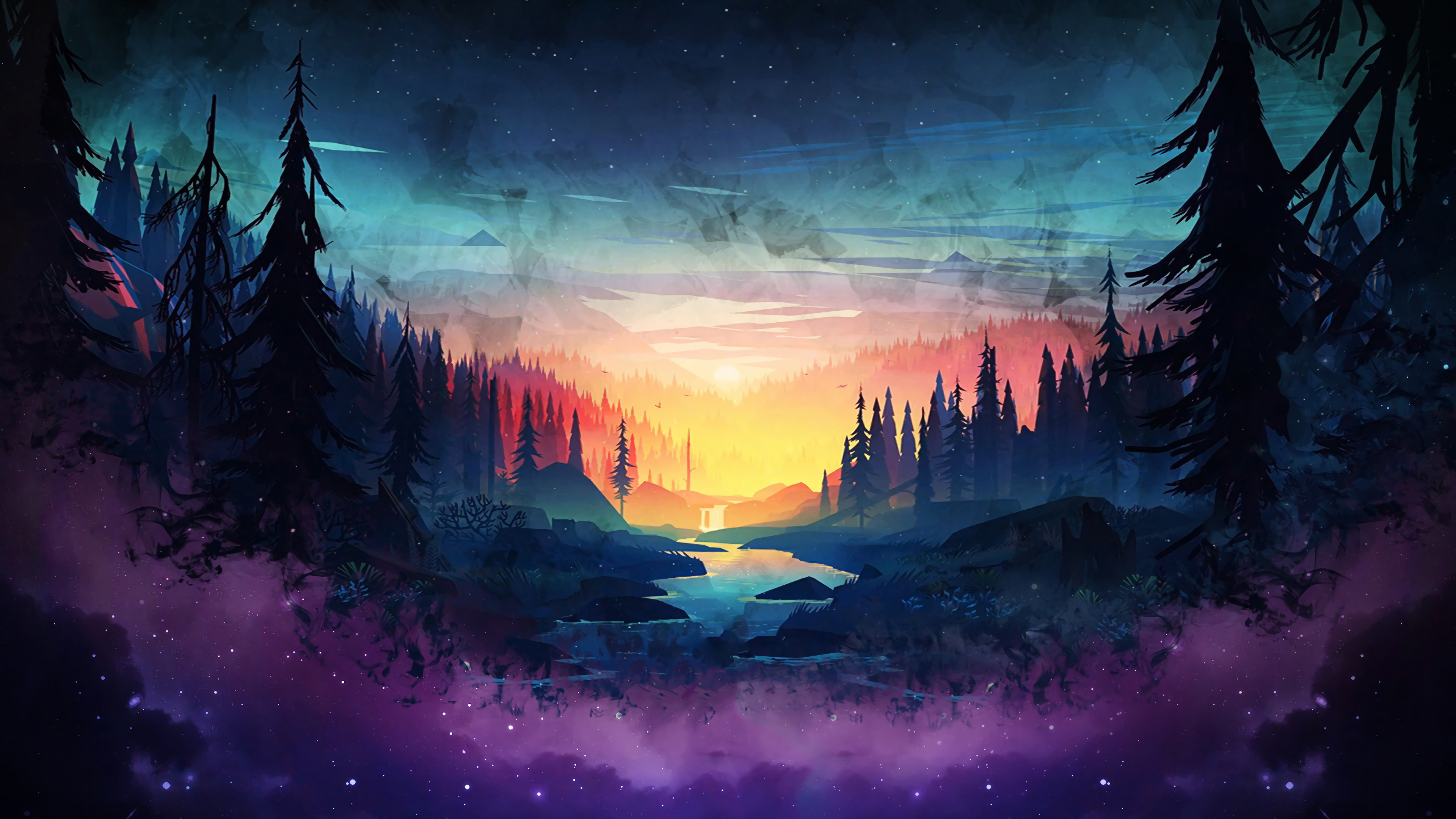 Sunset Forest River Night Sky Scenery