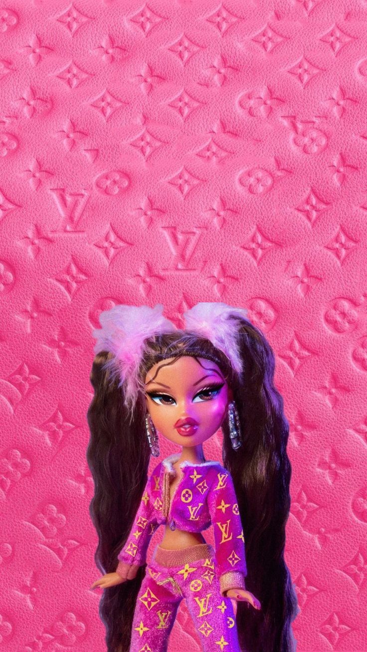 pink wallpaper, black bratz doll, baddie