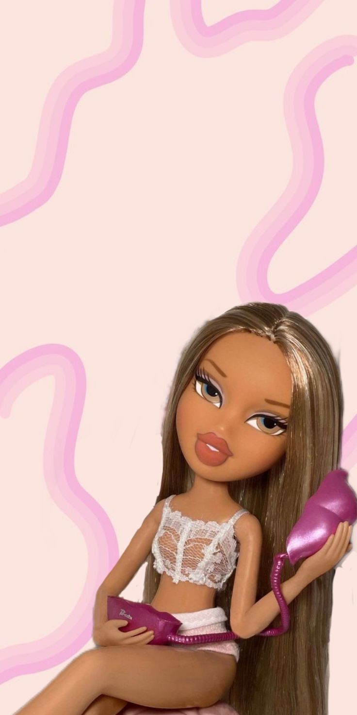 pink wallpaper, black bratz doll, baddie