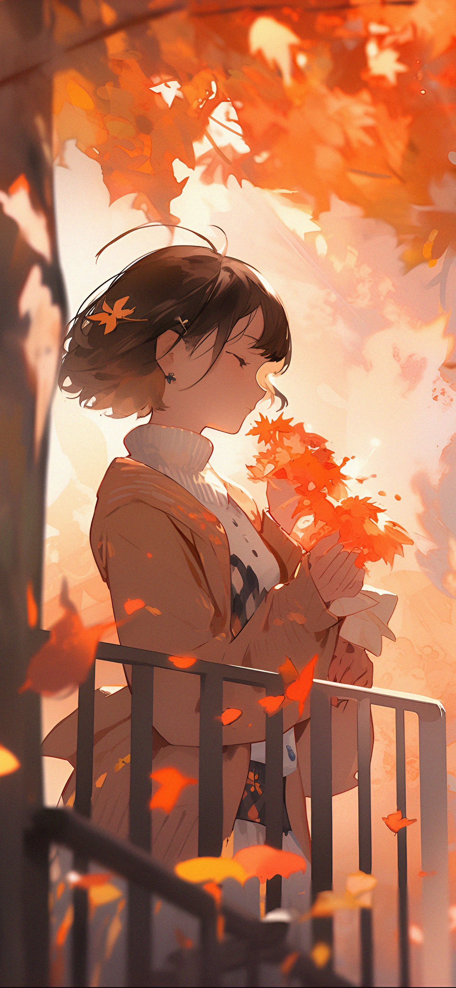 Anime Girl with Orange Leaves Autumn