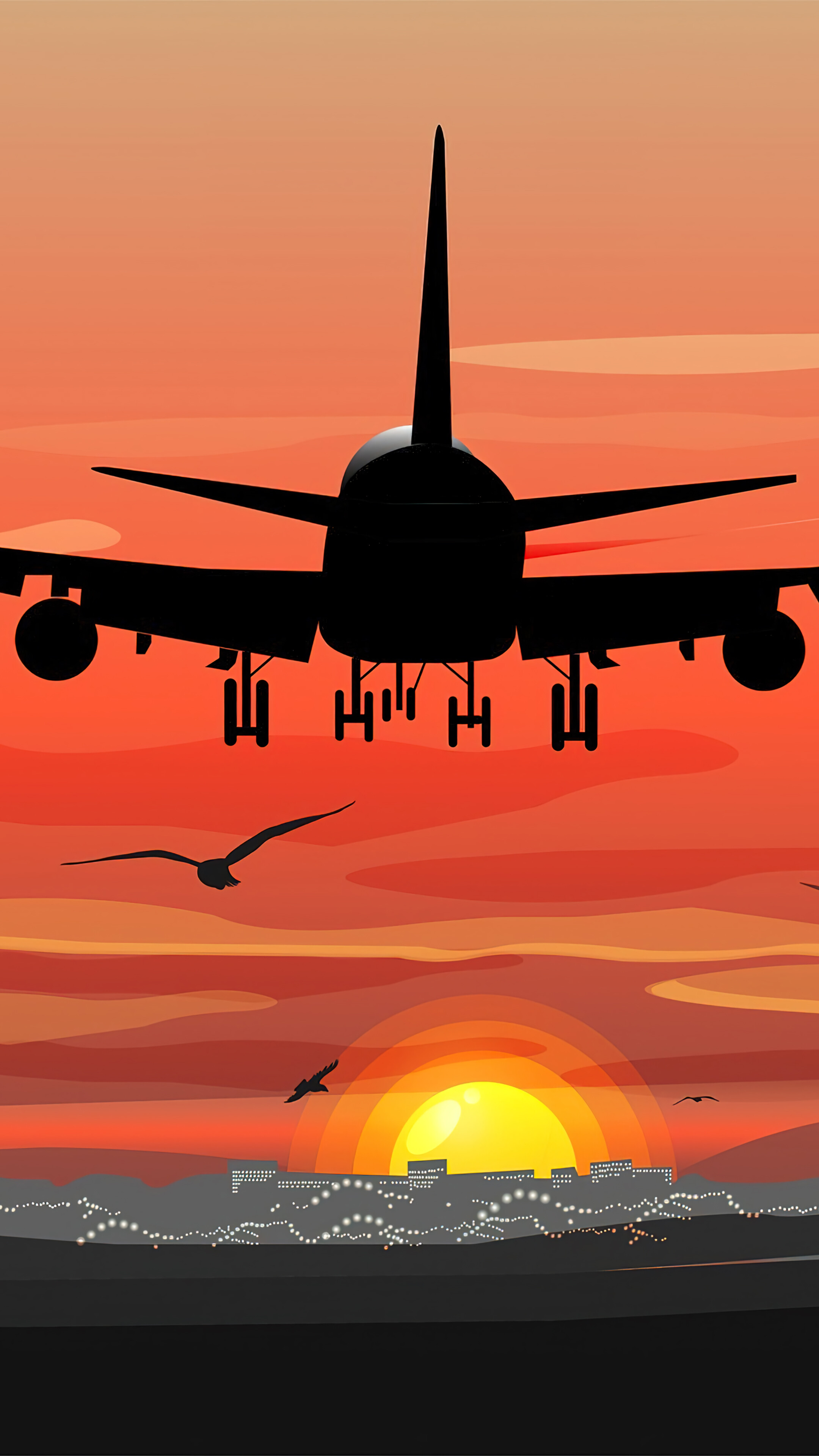 Sunset Airplane Landing Digital Art 4K