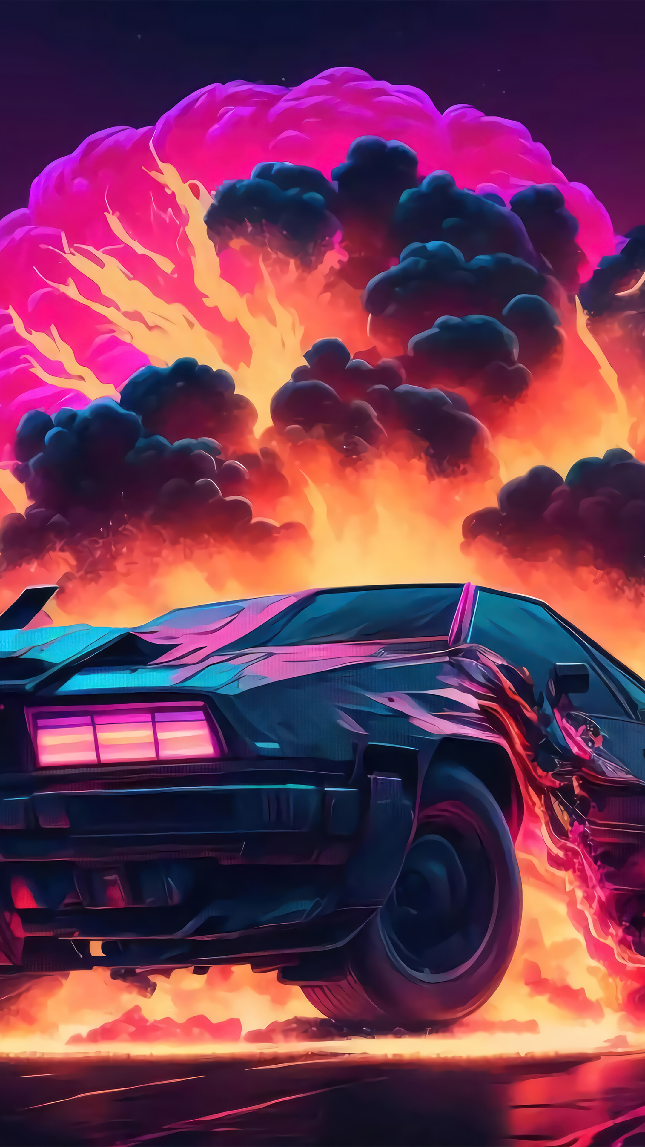 Sports Car Burning Explosion Art 4K