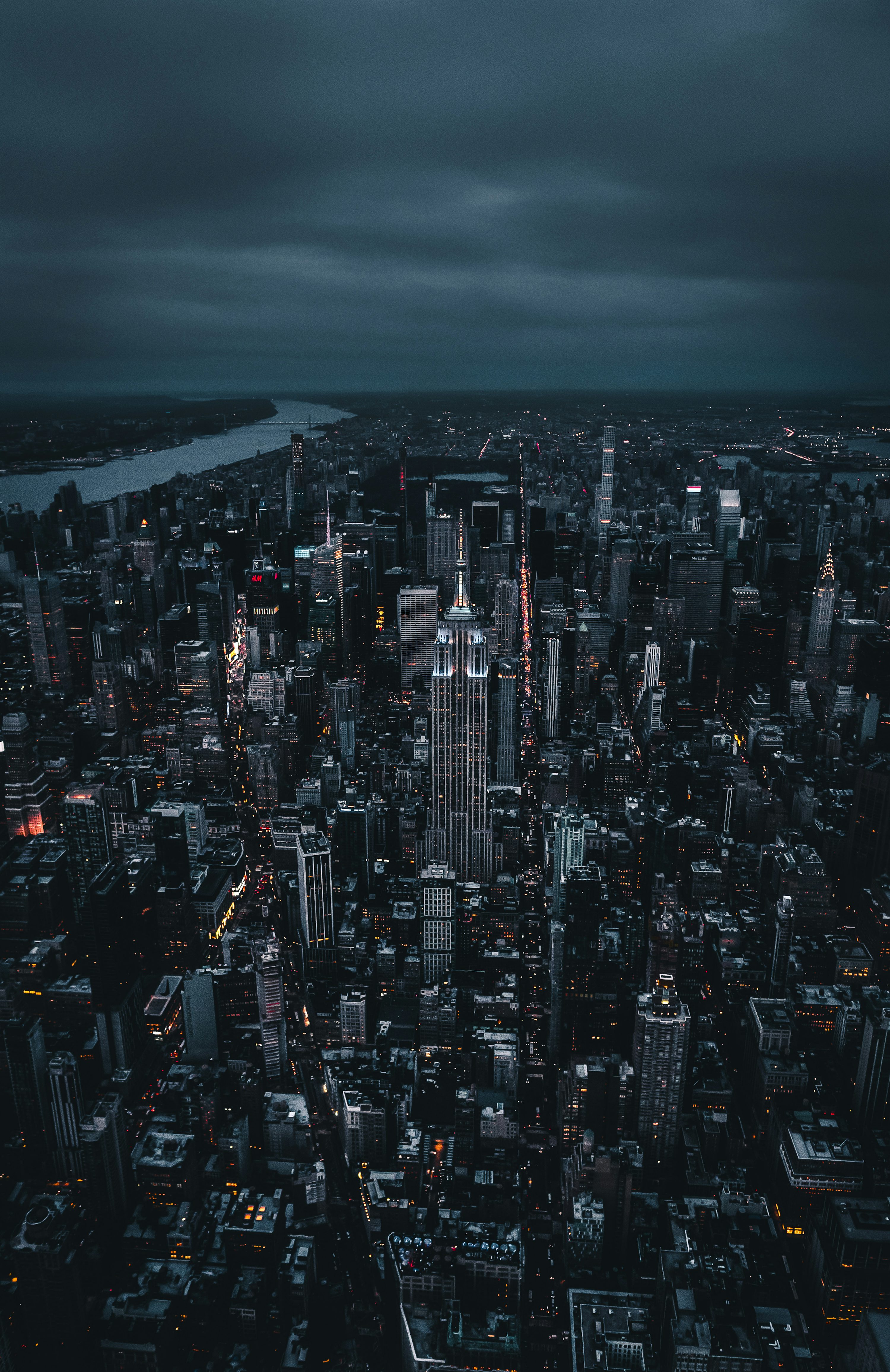 Aerial photo of city skyline at night