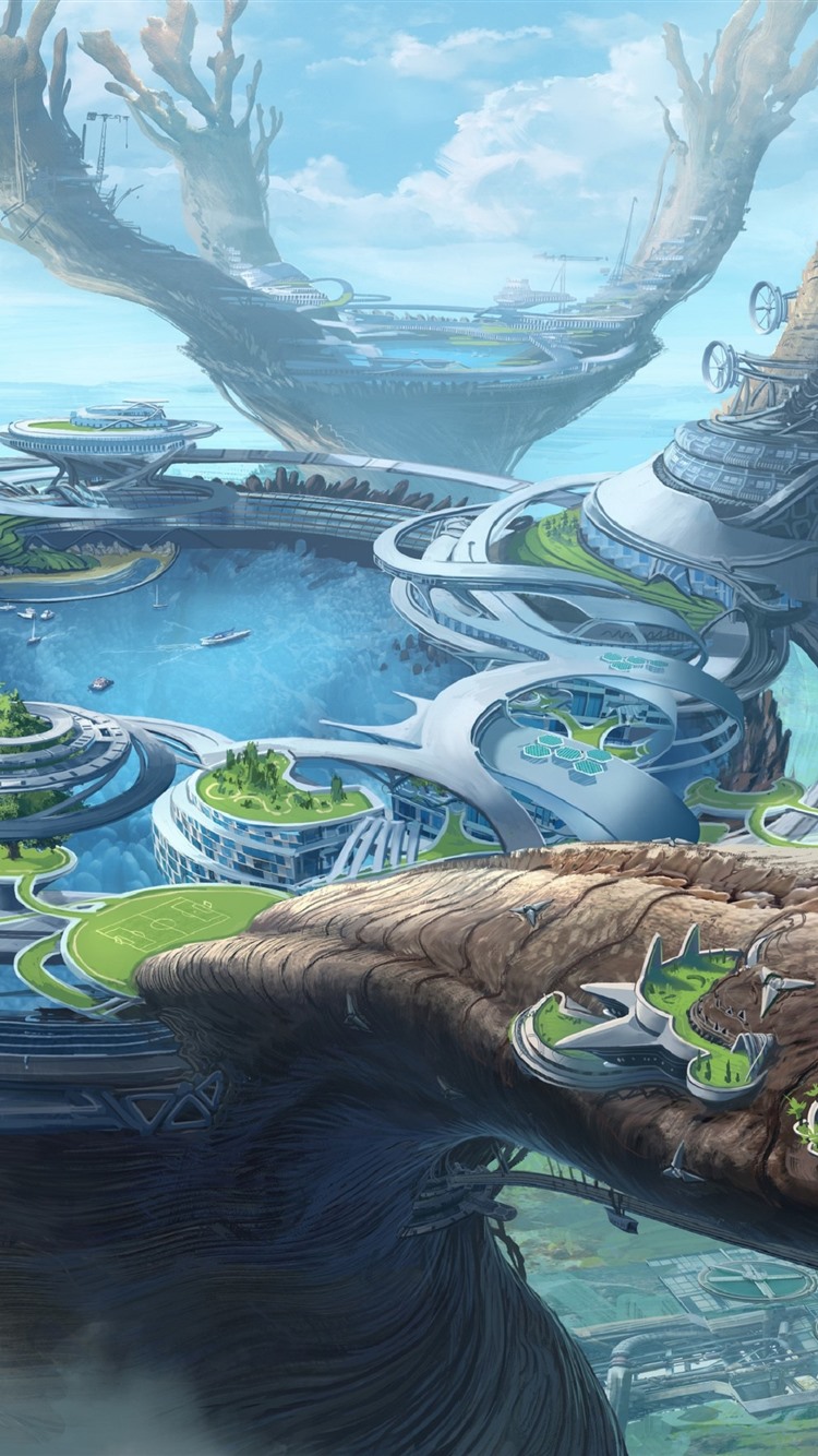 Fantasy world, future style, city, lake