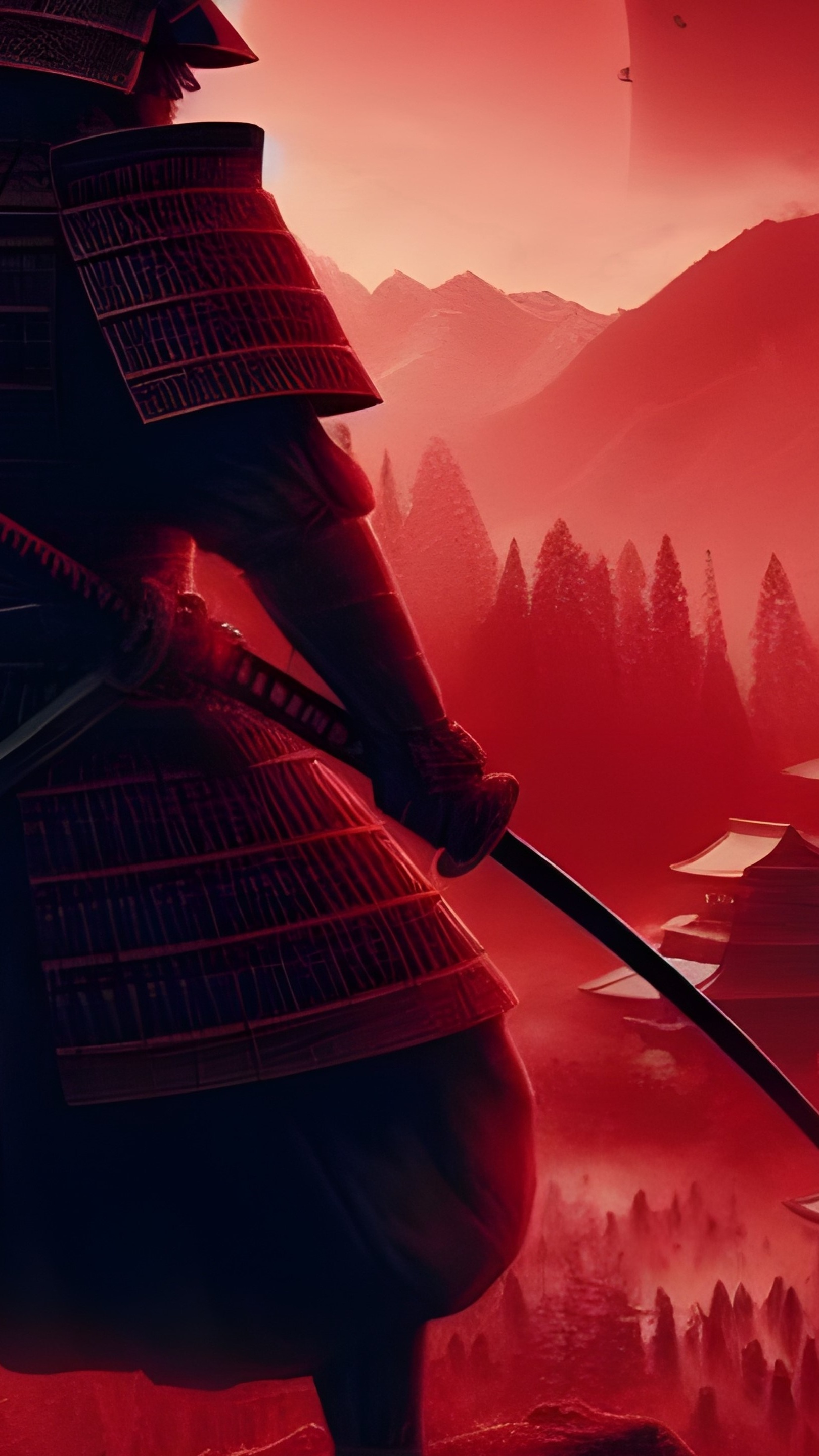 Samurai Over looking town Red