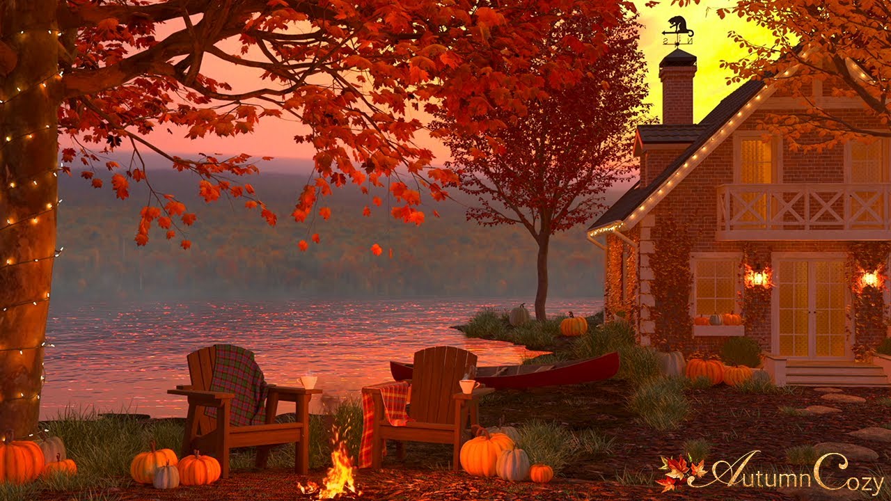 AUTUMN LAKE HOUSE AMBIENCE: Crackling Fire Sounds, Autumn Nature Sounds, Owls, Crunching Leaves