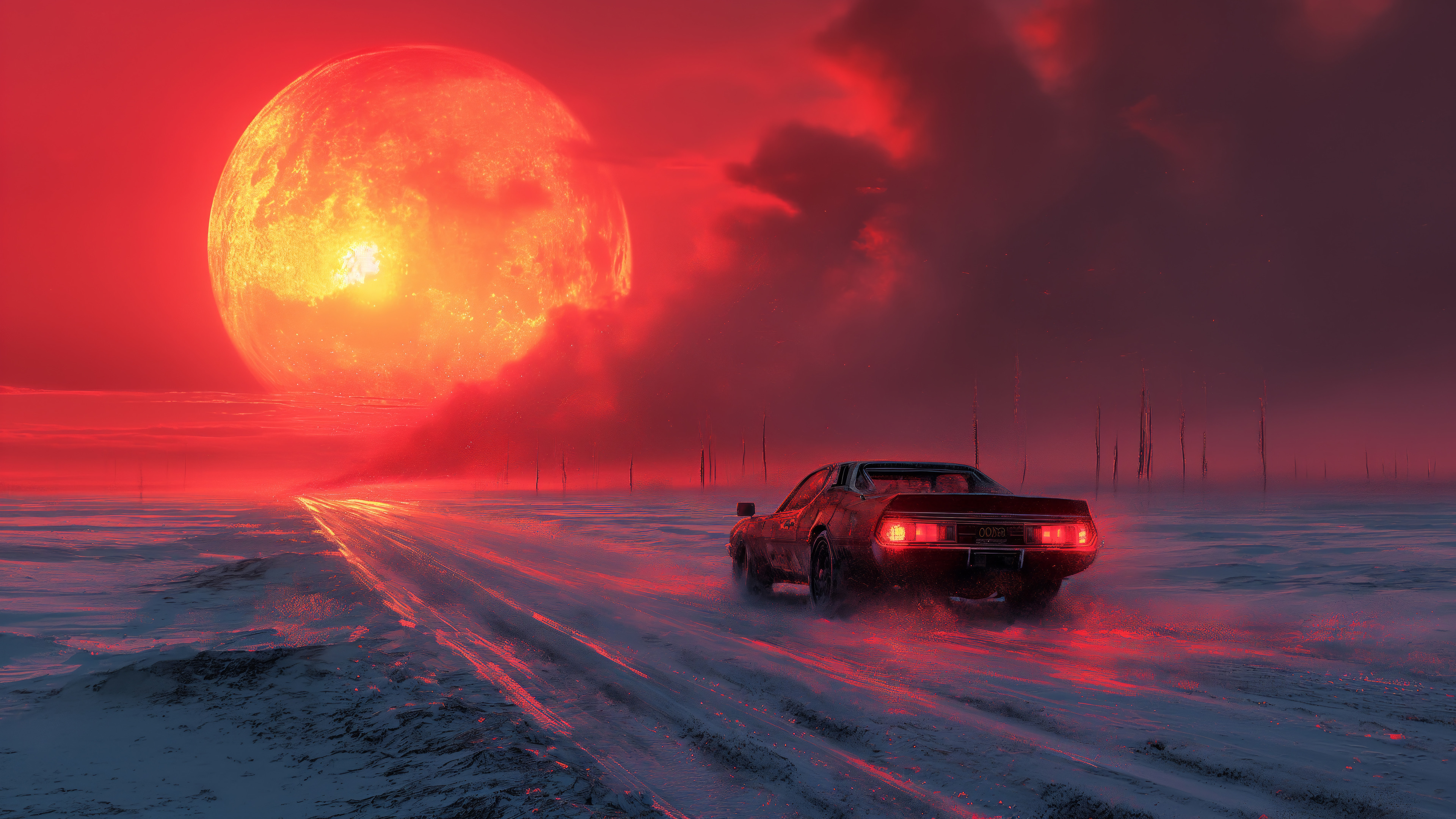 Ice Road Red Moon Wallpaper 4K HD