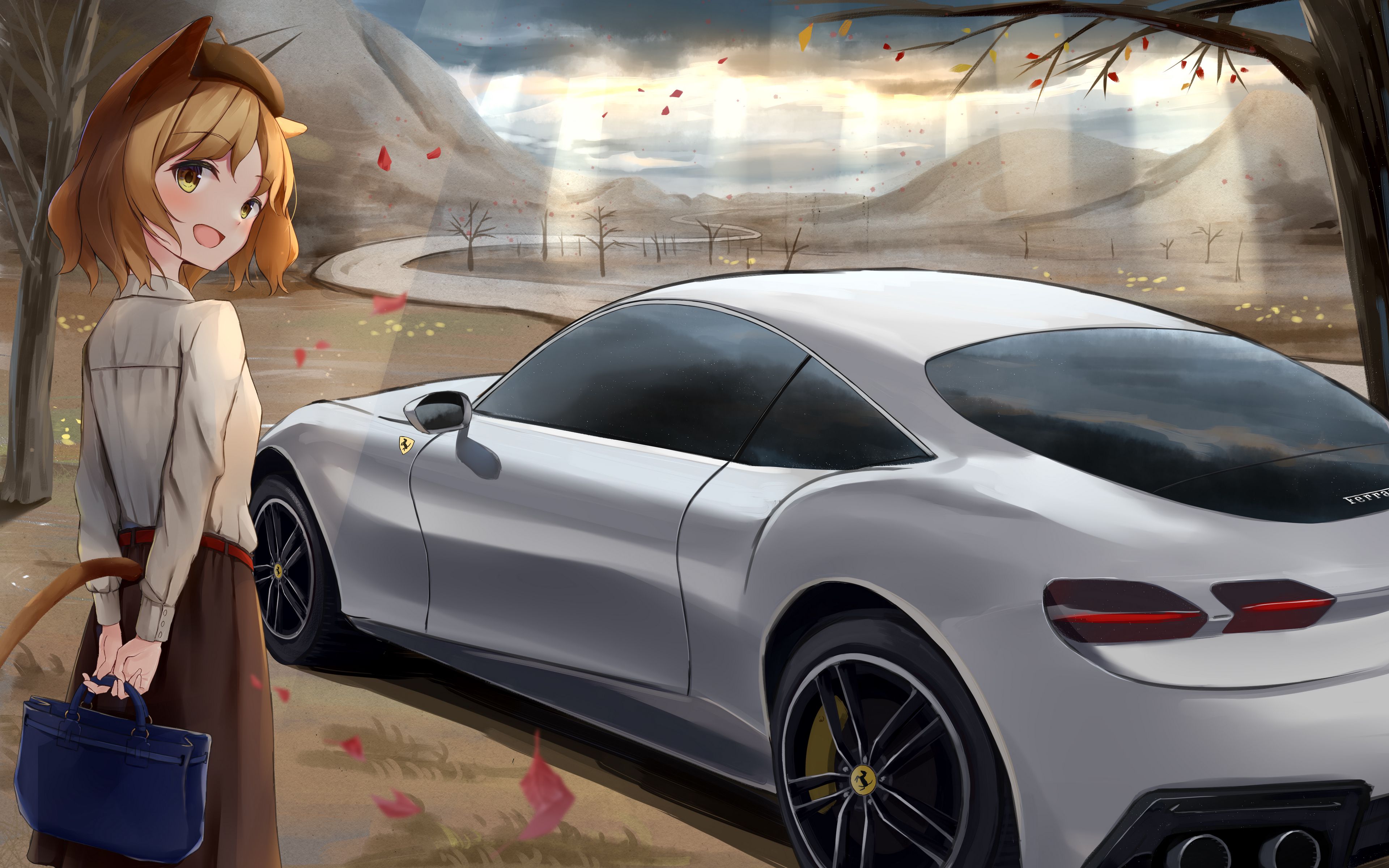 Neko girl with car Anime Wallpaper 4k